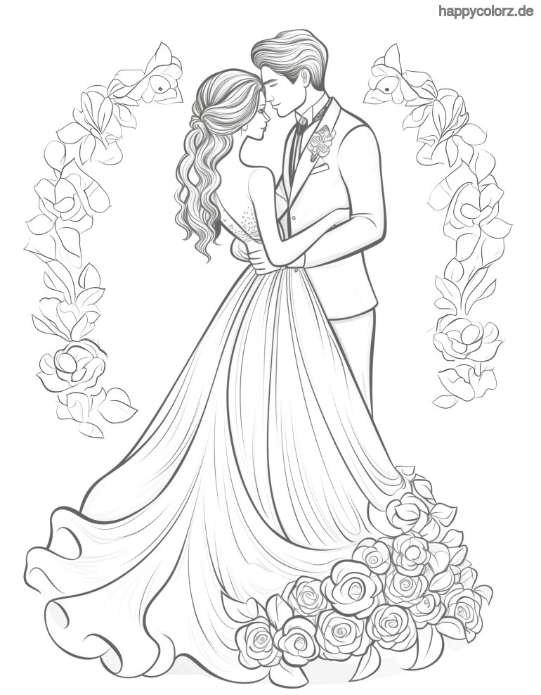 Brautpaar mit Blumenring Ausmalbild pdf