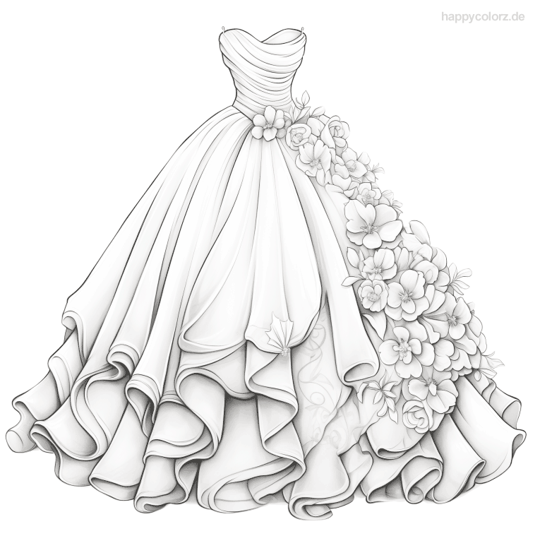 Hochzeitskleid mit Blumen Malvorlage kostenlos