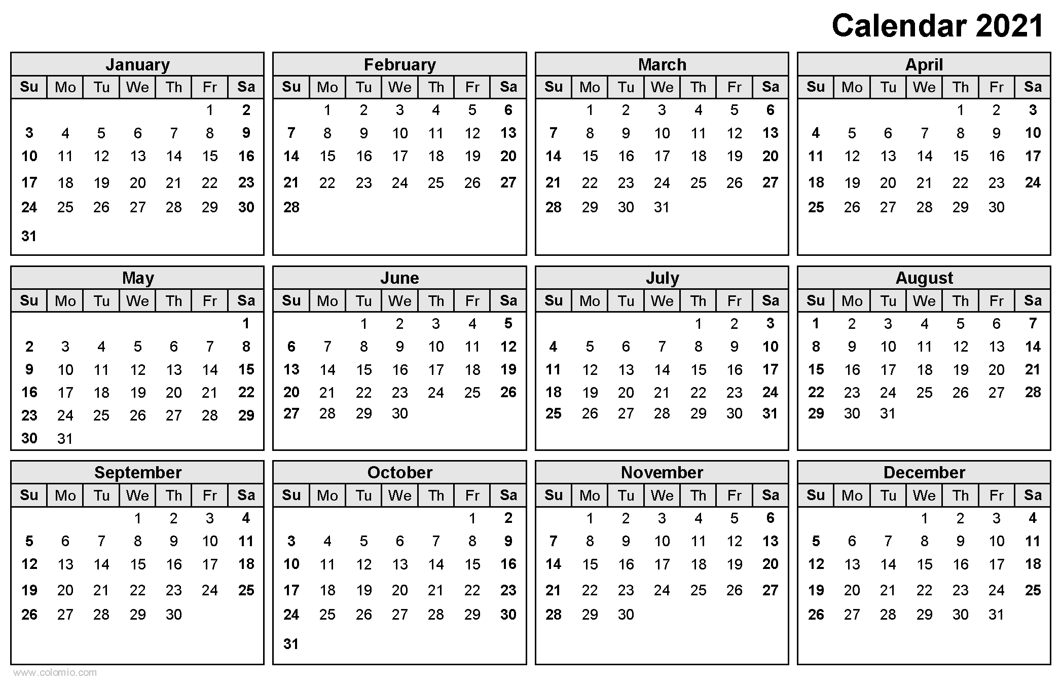 2021 Calendar printable