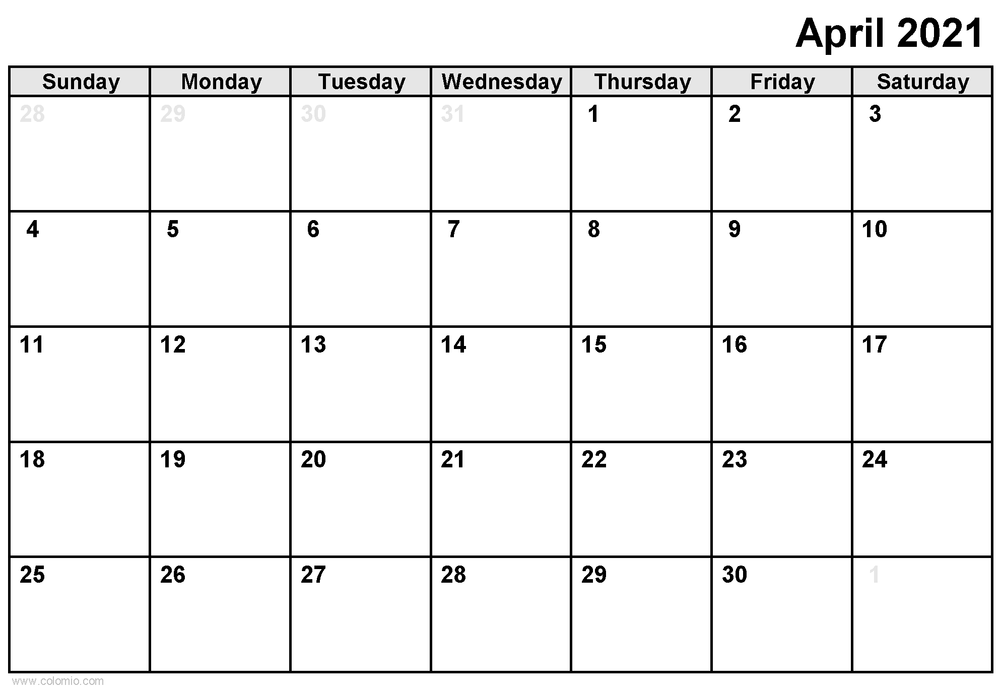 April 2021 Calendar printable