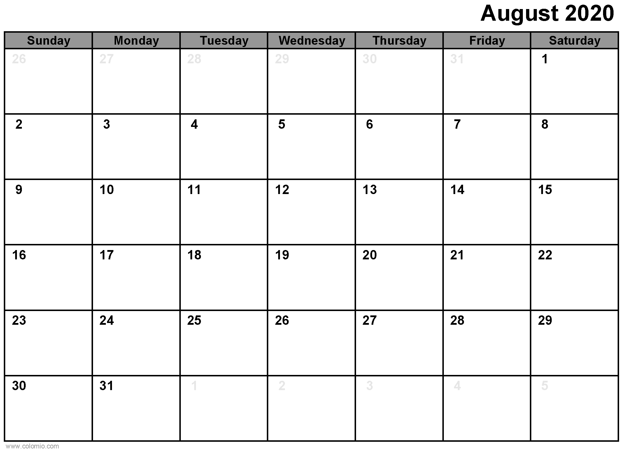 August 2020 Calendar printable