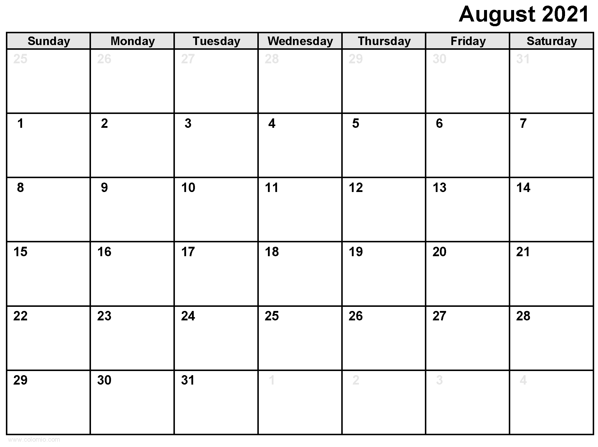 August 2021 Calendar printable