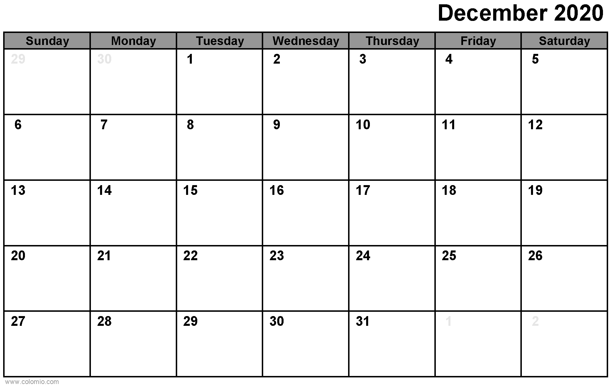 December 2020 Calendar printable