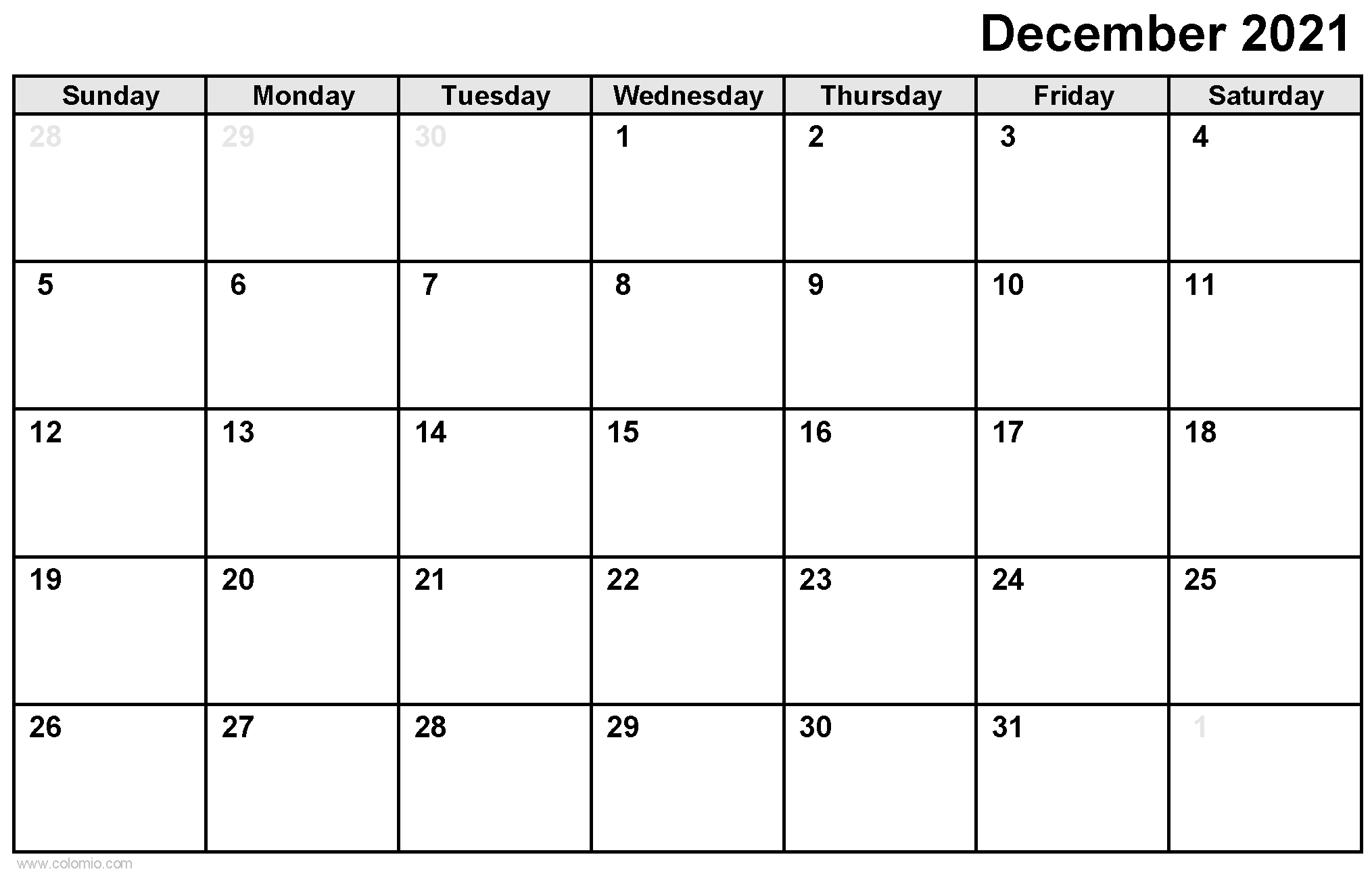 December 2021 Calendar printable