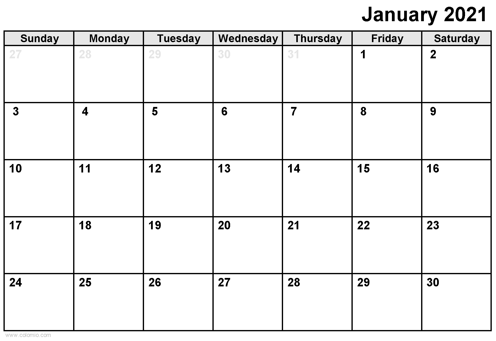 January 2021 Calendar printable