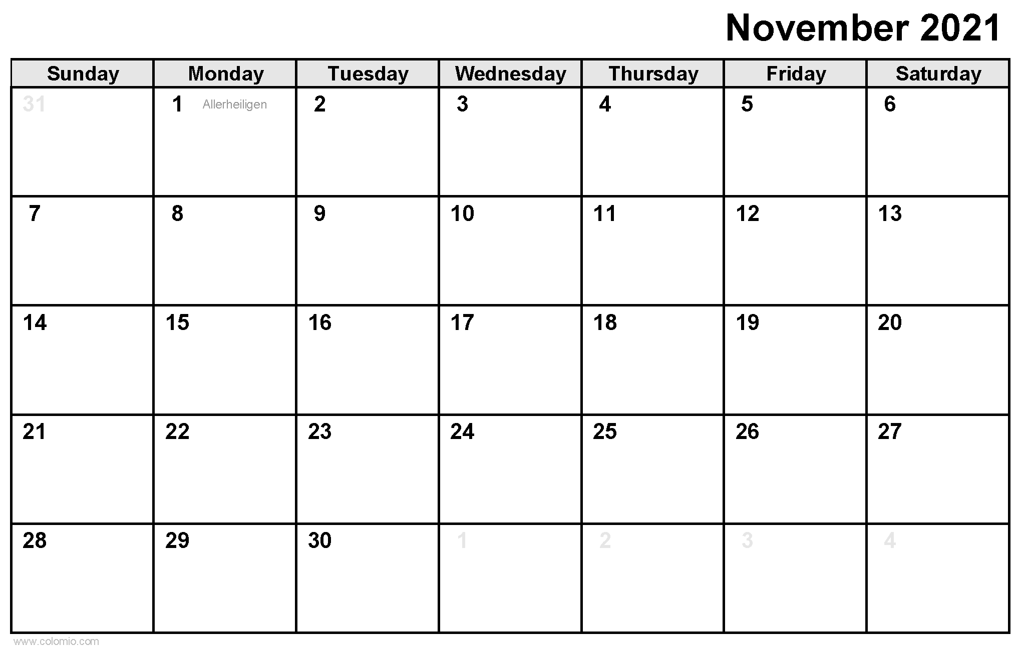 November 2021 Calendar printable