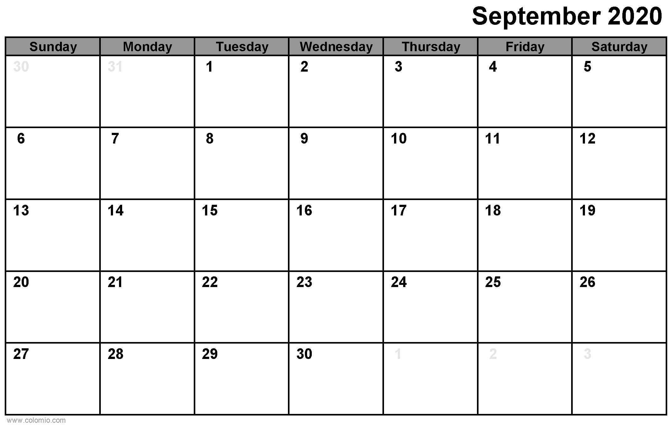 September 2020 Calendar printable