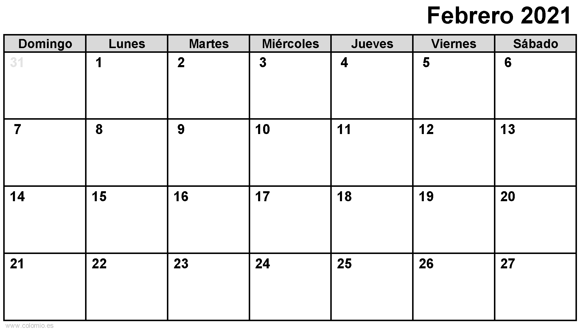 Febrero 2021 Calendar para imprimir