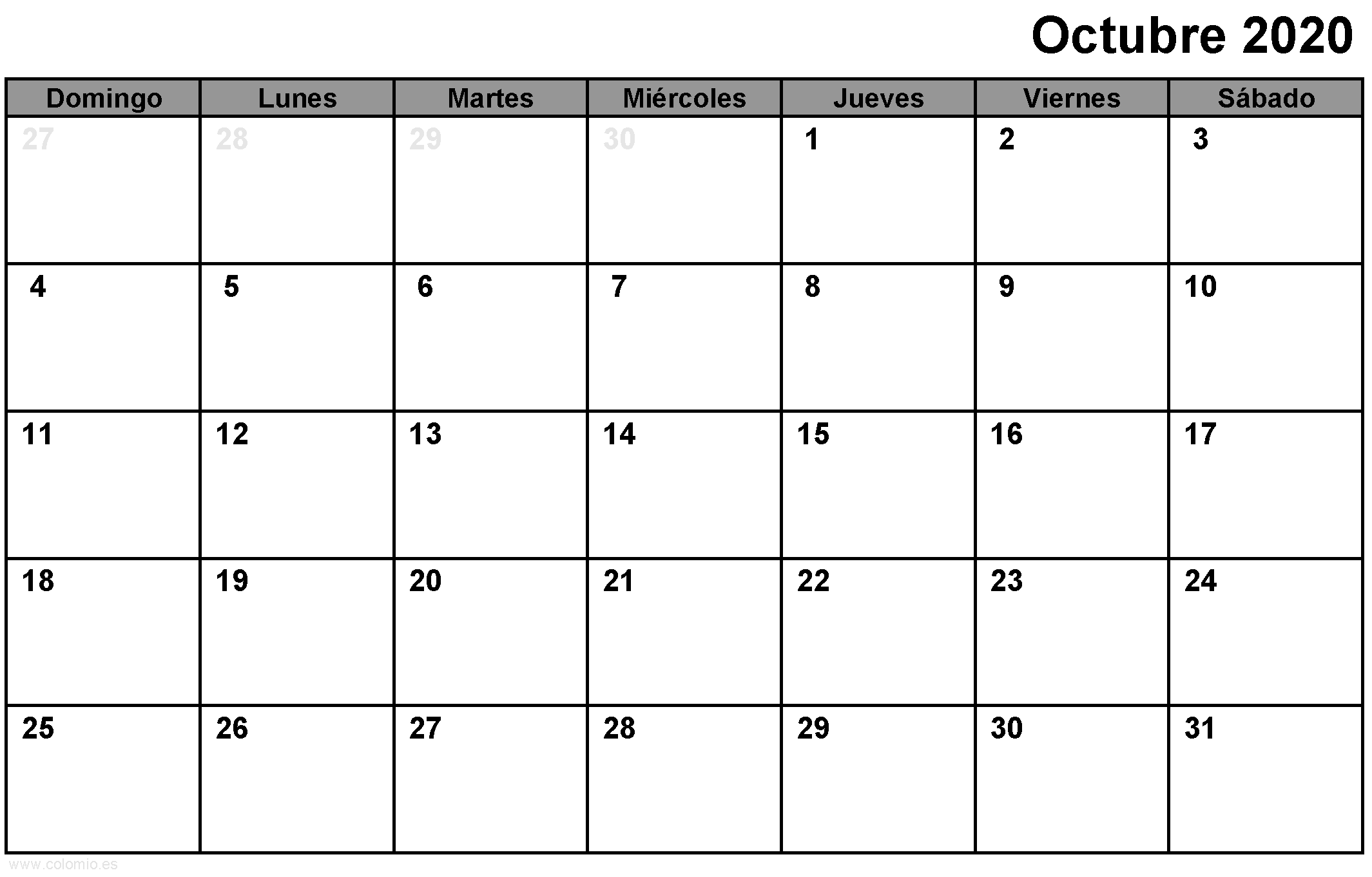 Calendario Octubre 2020 para imprimir