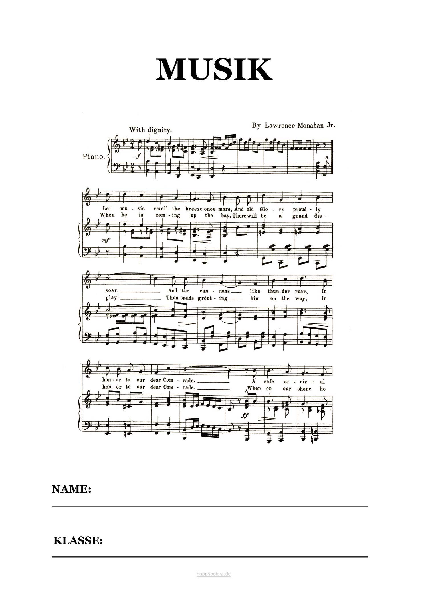 Deckblatt Musik mit Notenblatt kostenlos ausdrucken (pdf)