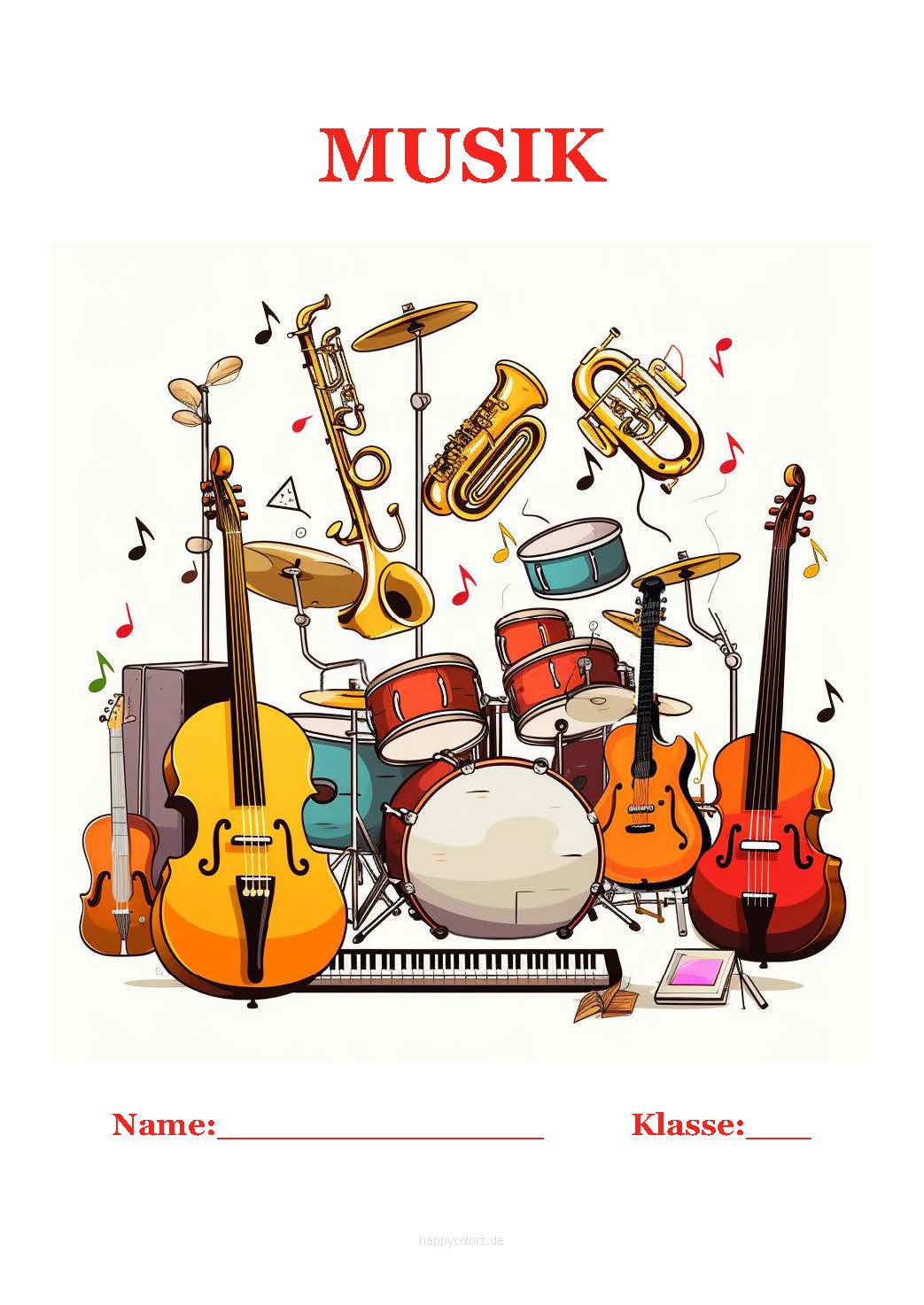 Farbiges Musik Deckblatt mit Musikinstrumenten kostenlos ausdrucken (pdf)