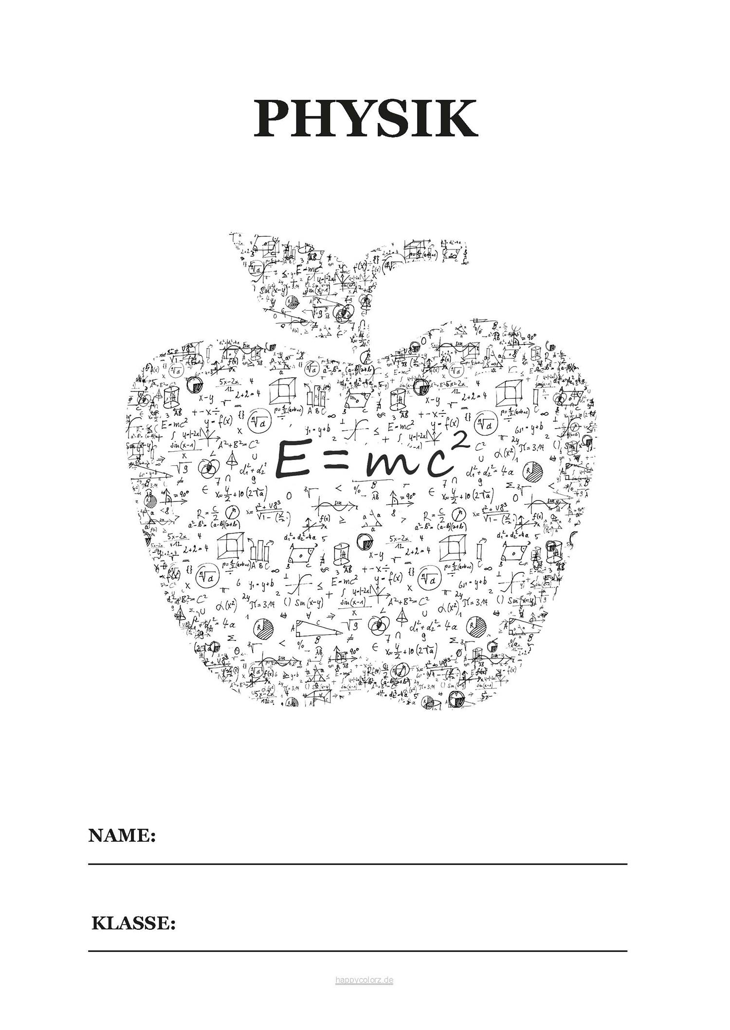 Physik Deckblatt mit Formeln in Apfelform zum kostenlosen ausdrucken (pdf)