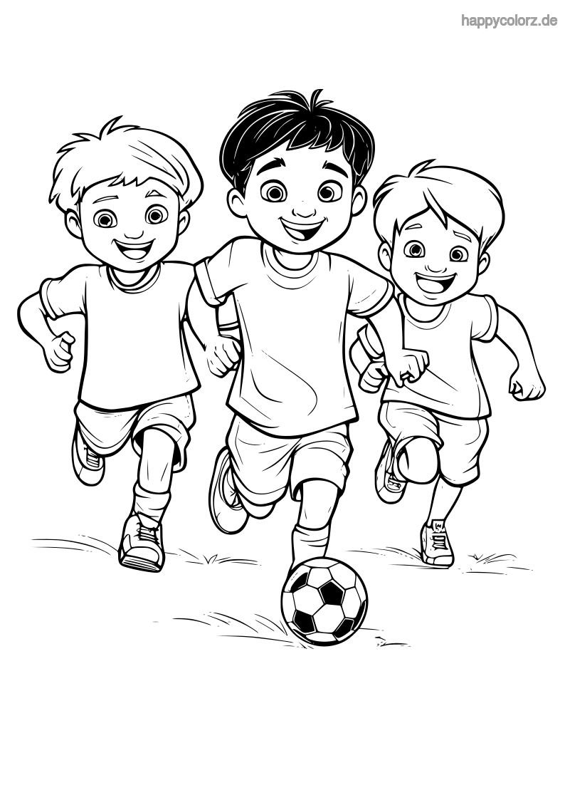 Ausmalbild Kinder spielen Fußball