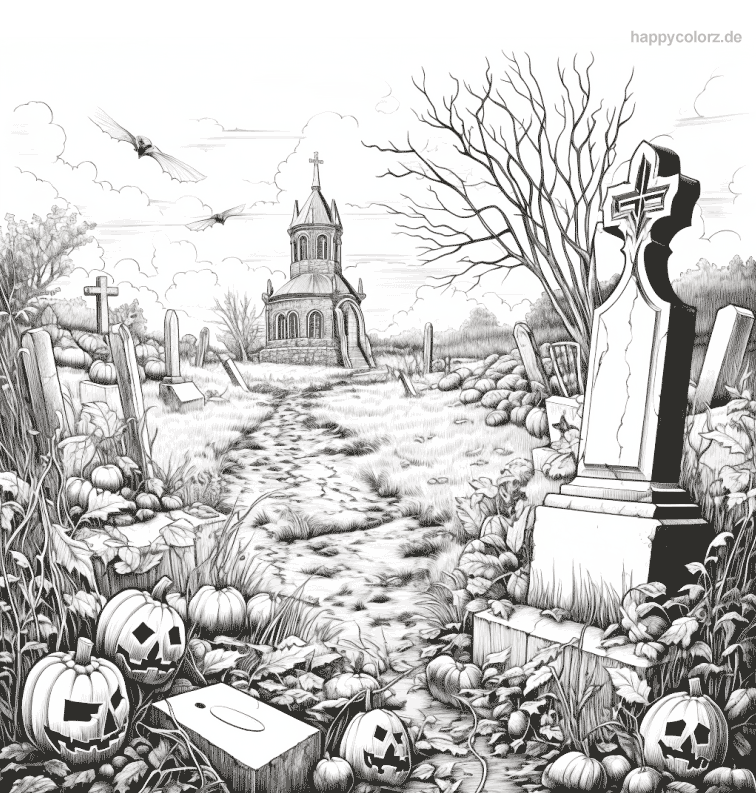 Malvorlage Friedhof mit Halloween Kürbissen