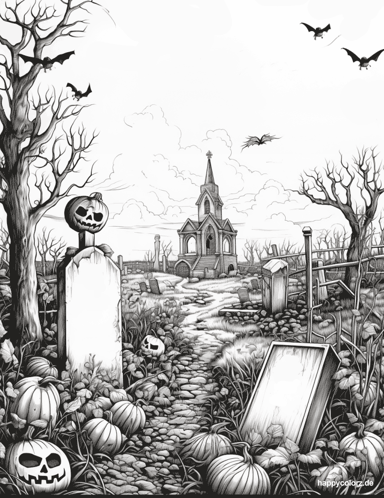 Grabsteine auf dem Friedhof Ausmalbild Halloween