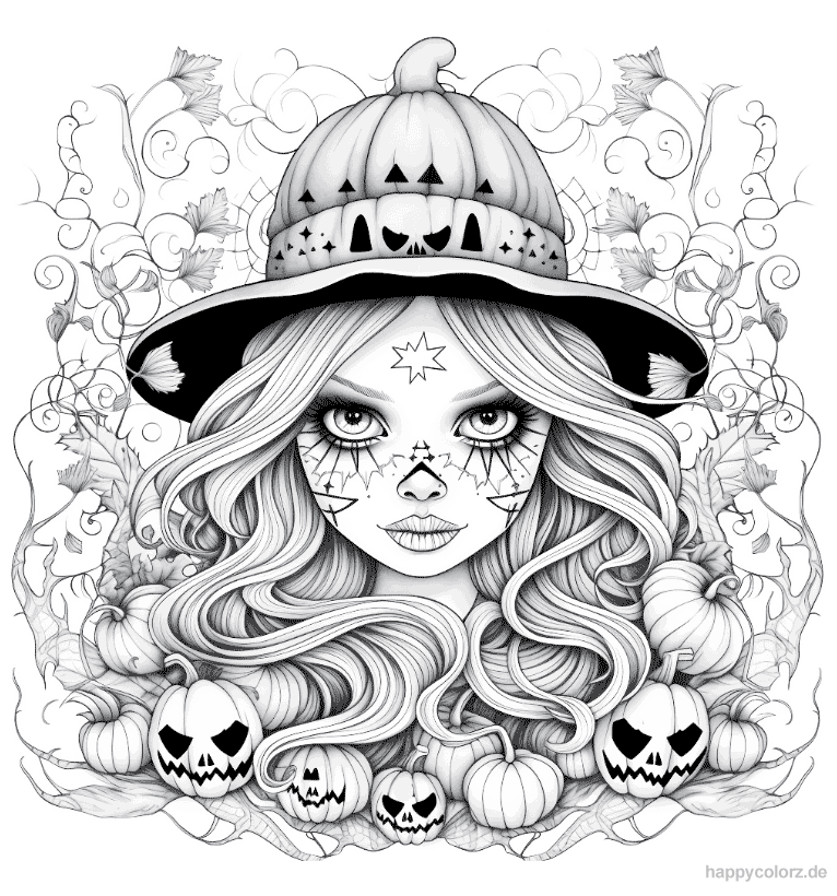 Ausmalbild Süße Halloween Hexe mit Kürbis-Hut