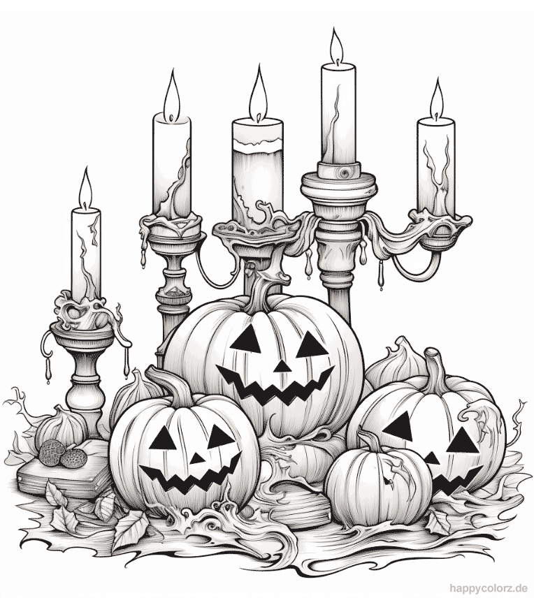 Kerzen und Kürbisse zu Halloween Ausmalbild