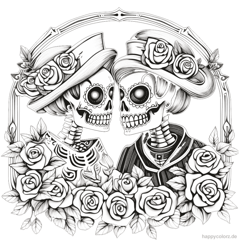 Ausmalbild Skelette mit Rosen Halloween