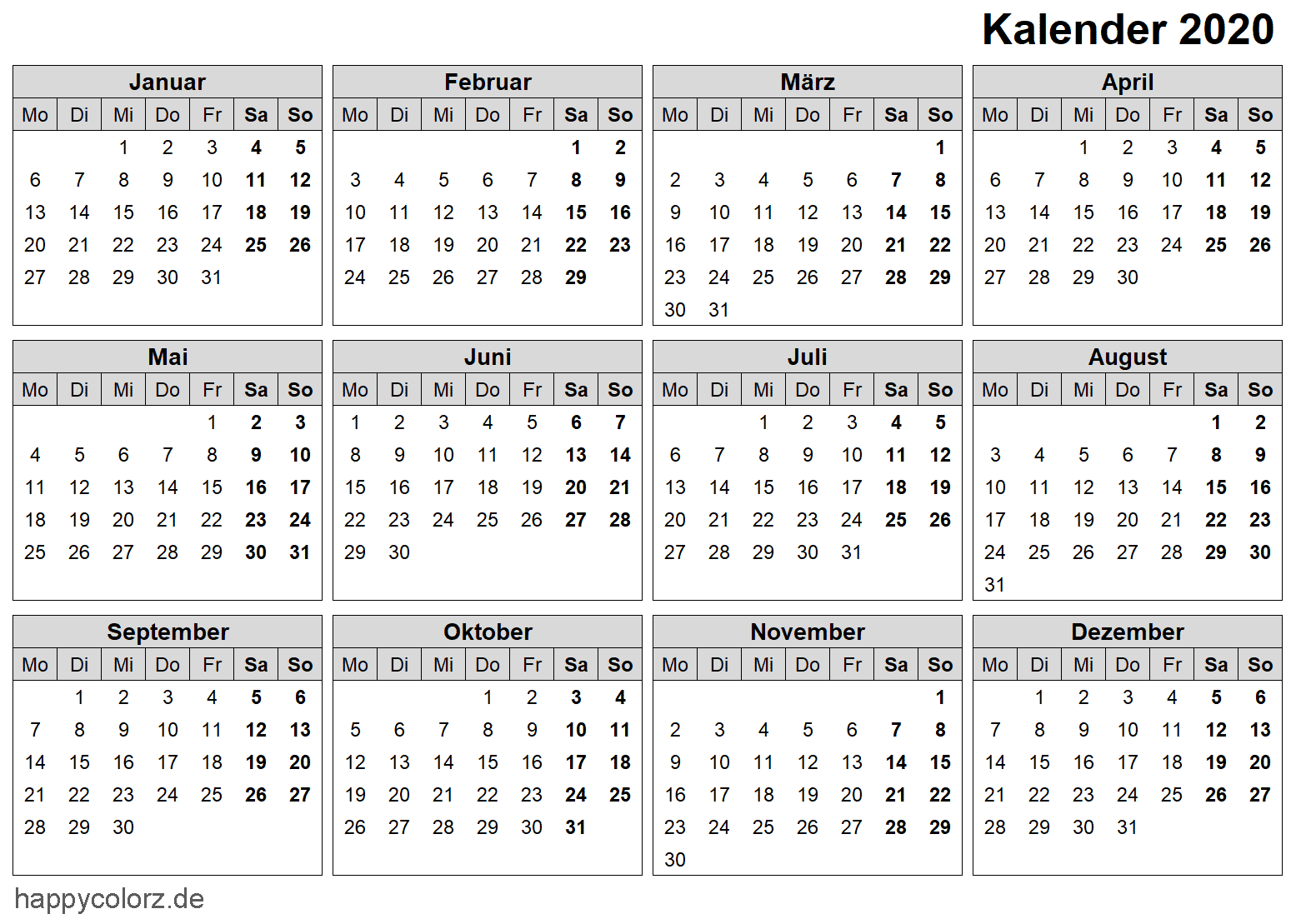 Jahreskalender 2020 zum Ausdrucken