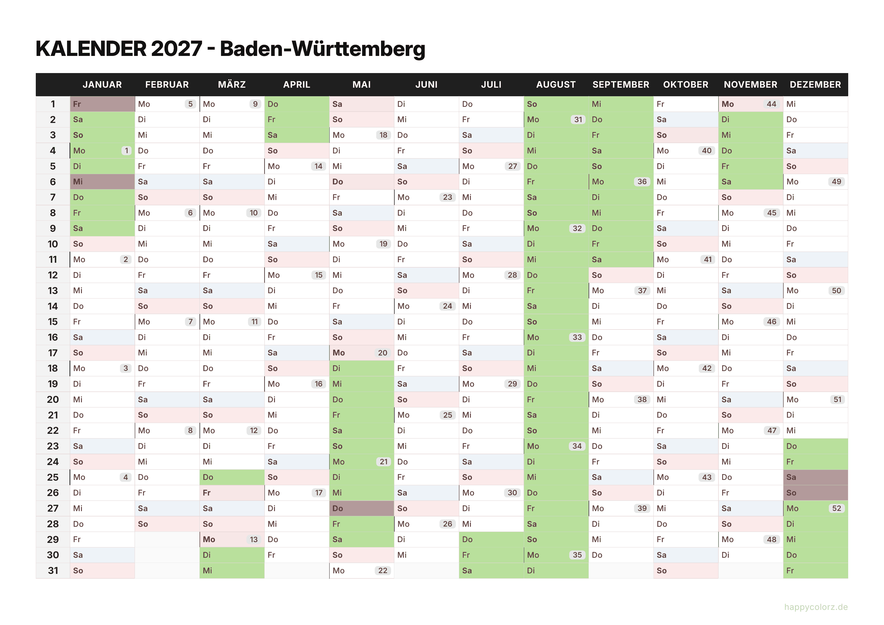 Kalender 2027 Baden-Württemberg zum Ausdrucken