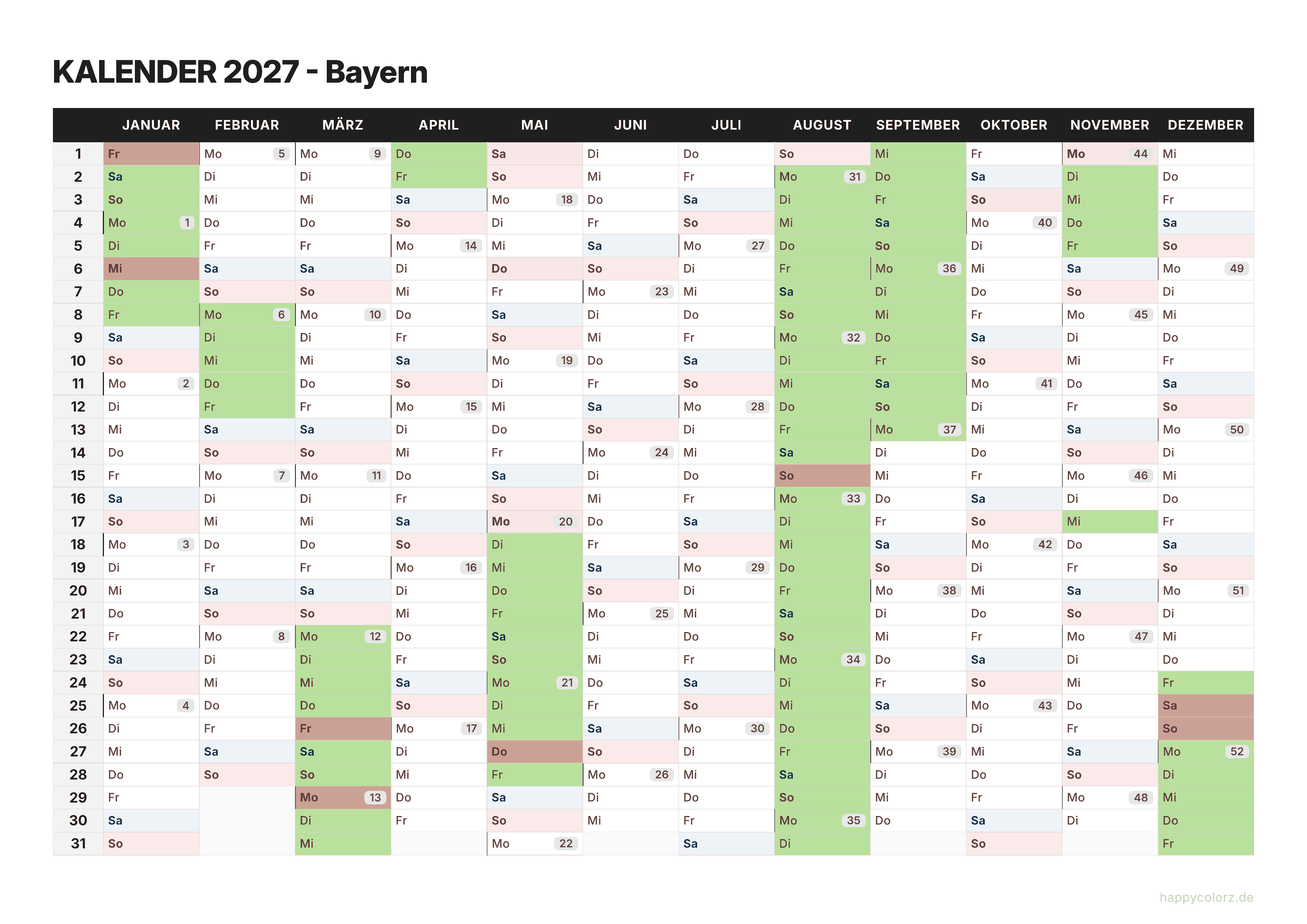 Kalender 2027 Bayern zum Ausdrucken