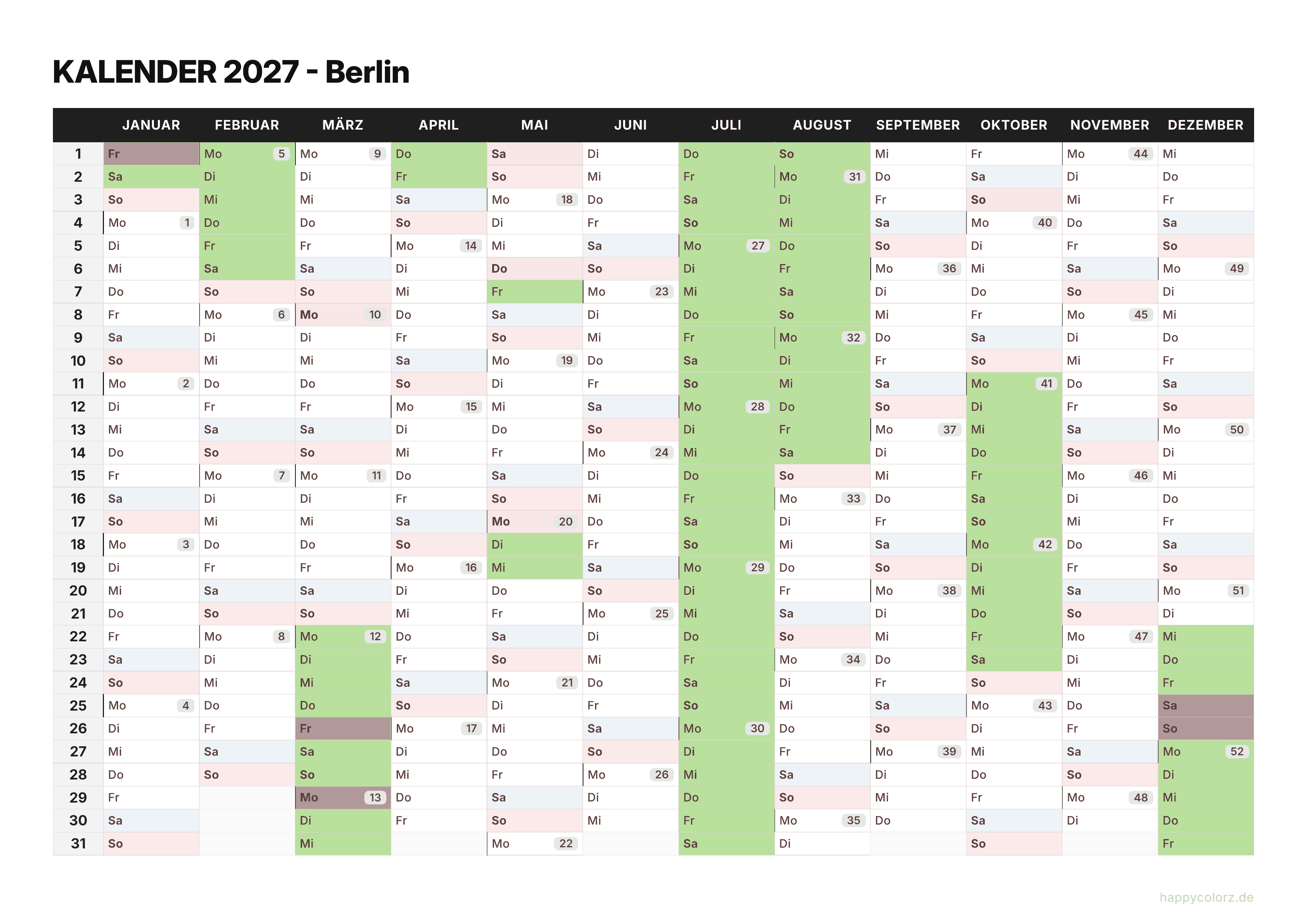 Kalender 2027 Berlin zum Ausdrucken