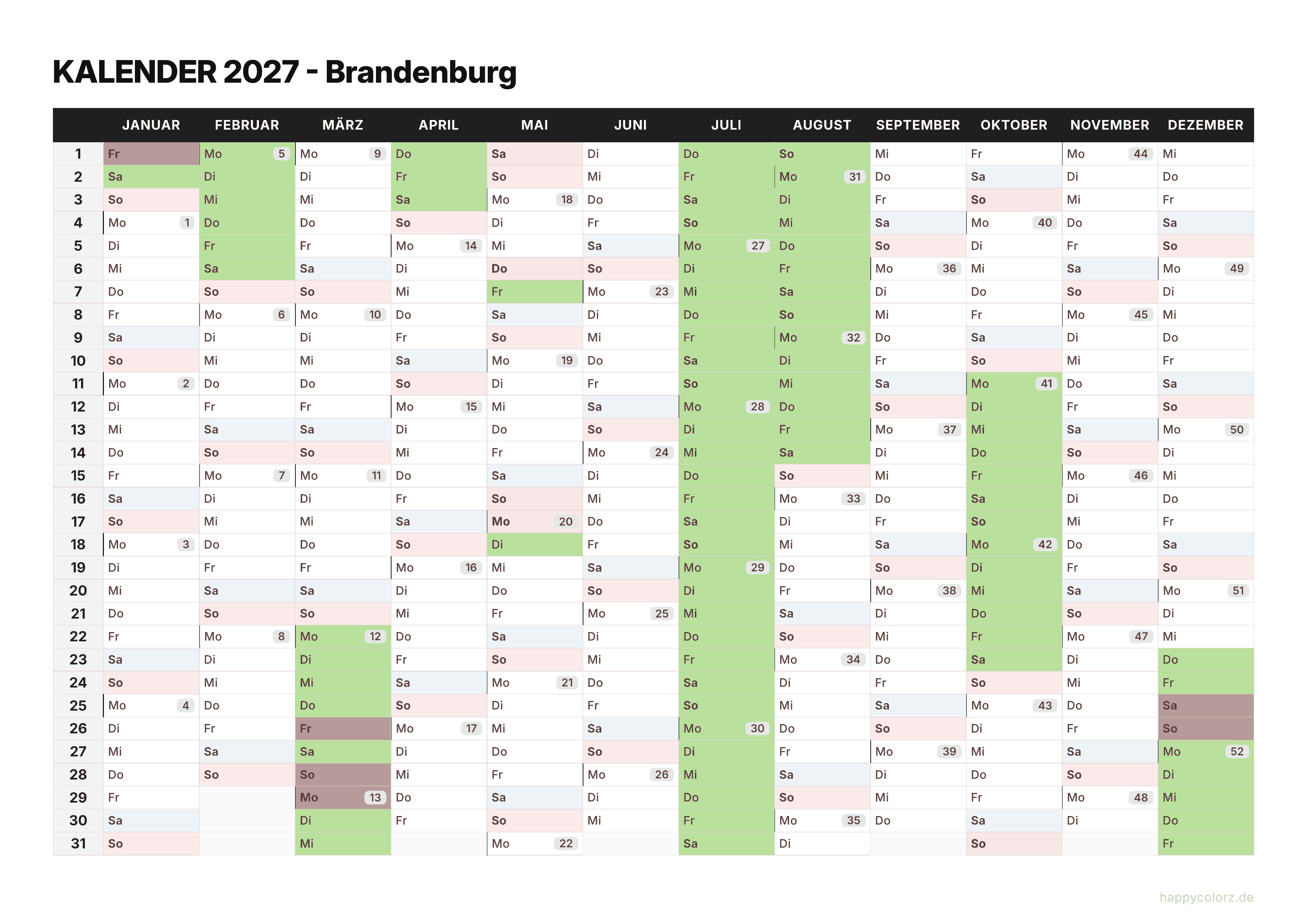 Kalender 2027 Brandenburg zum Ausdrucken