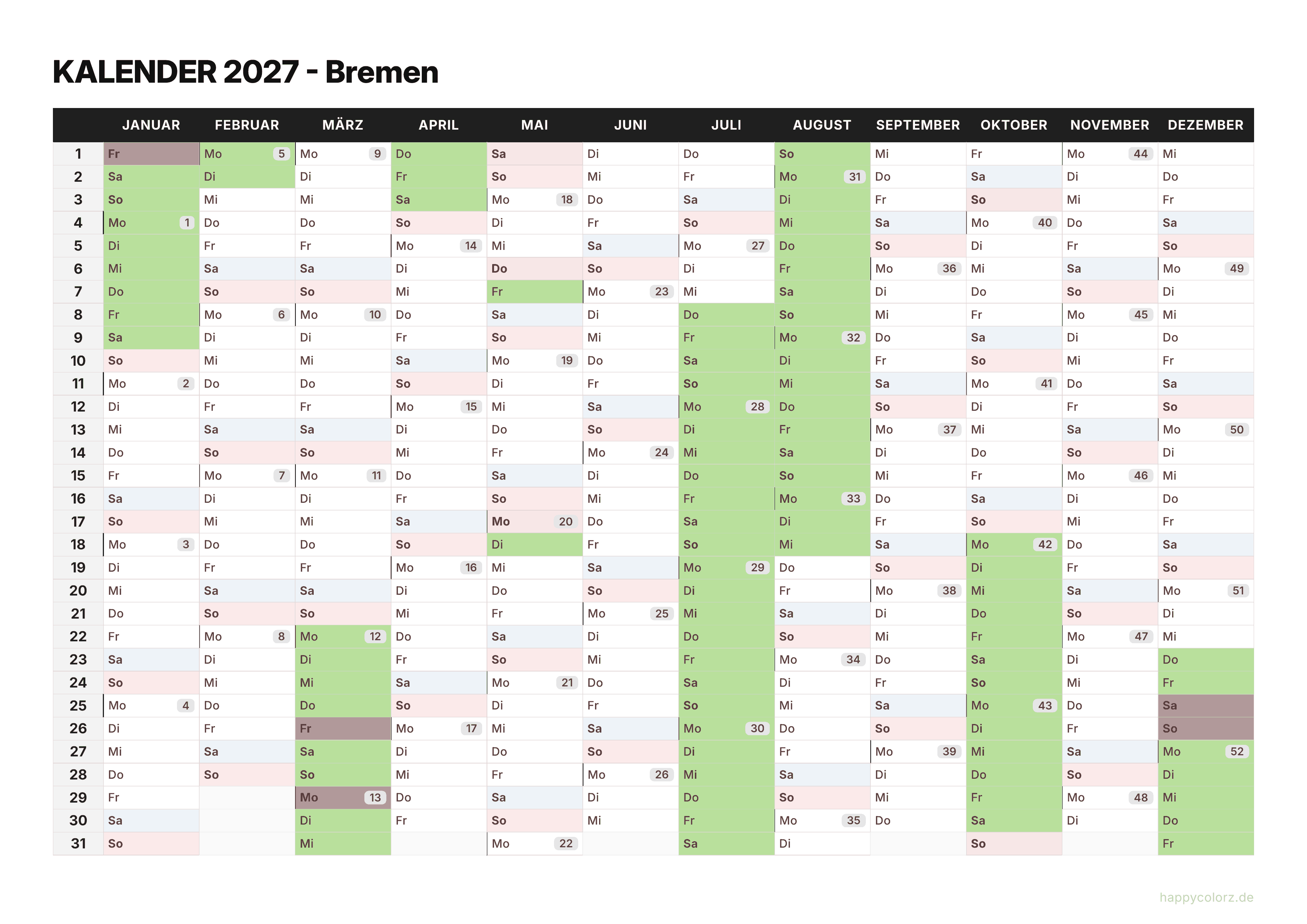 Kalender 2027 Bremen zum Ausdrucken