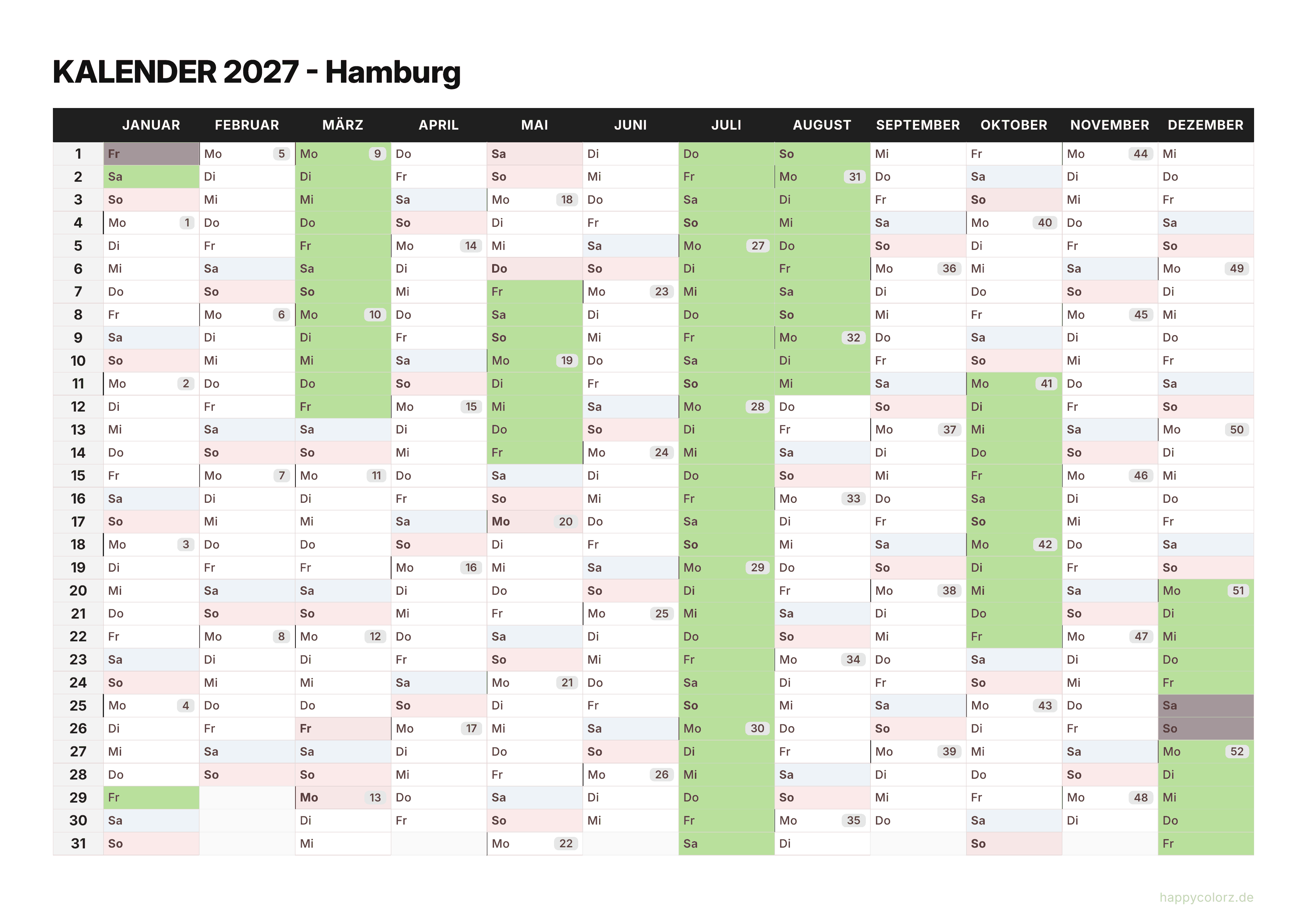 Kalender 2027 Hamburg zum Ausdrucken