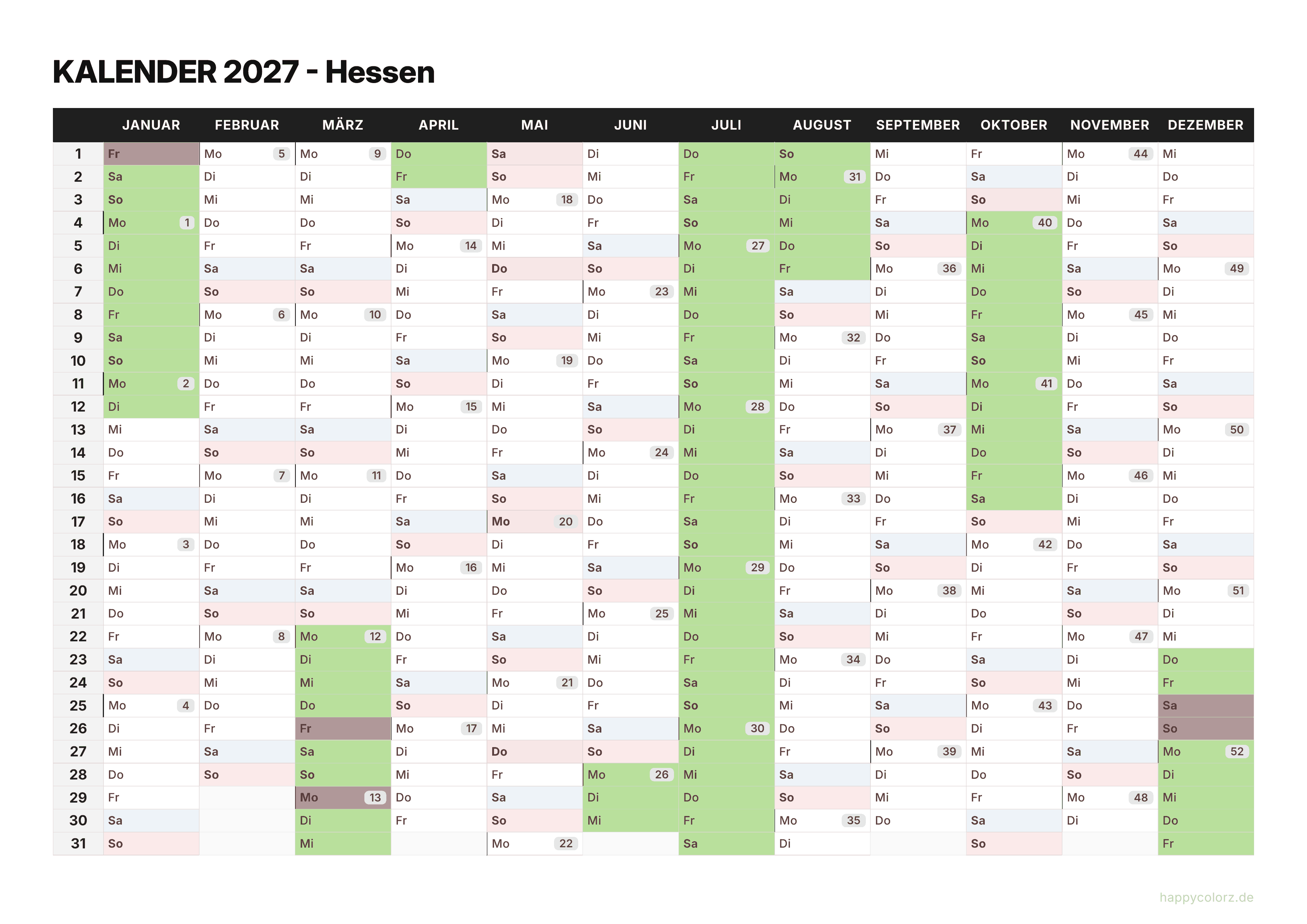 Kalender 2027 Hessen zum Ausdrucken