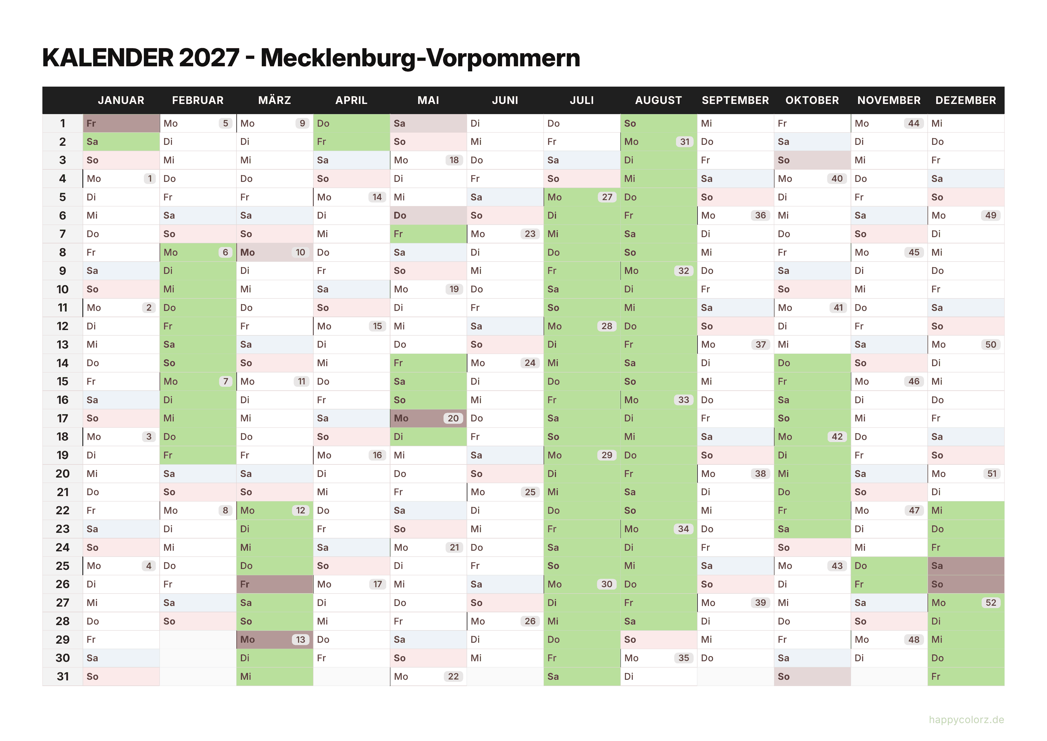 Kalender 2027 Mecklenburg-Vorpommern zum Ausdrucken