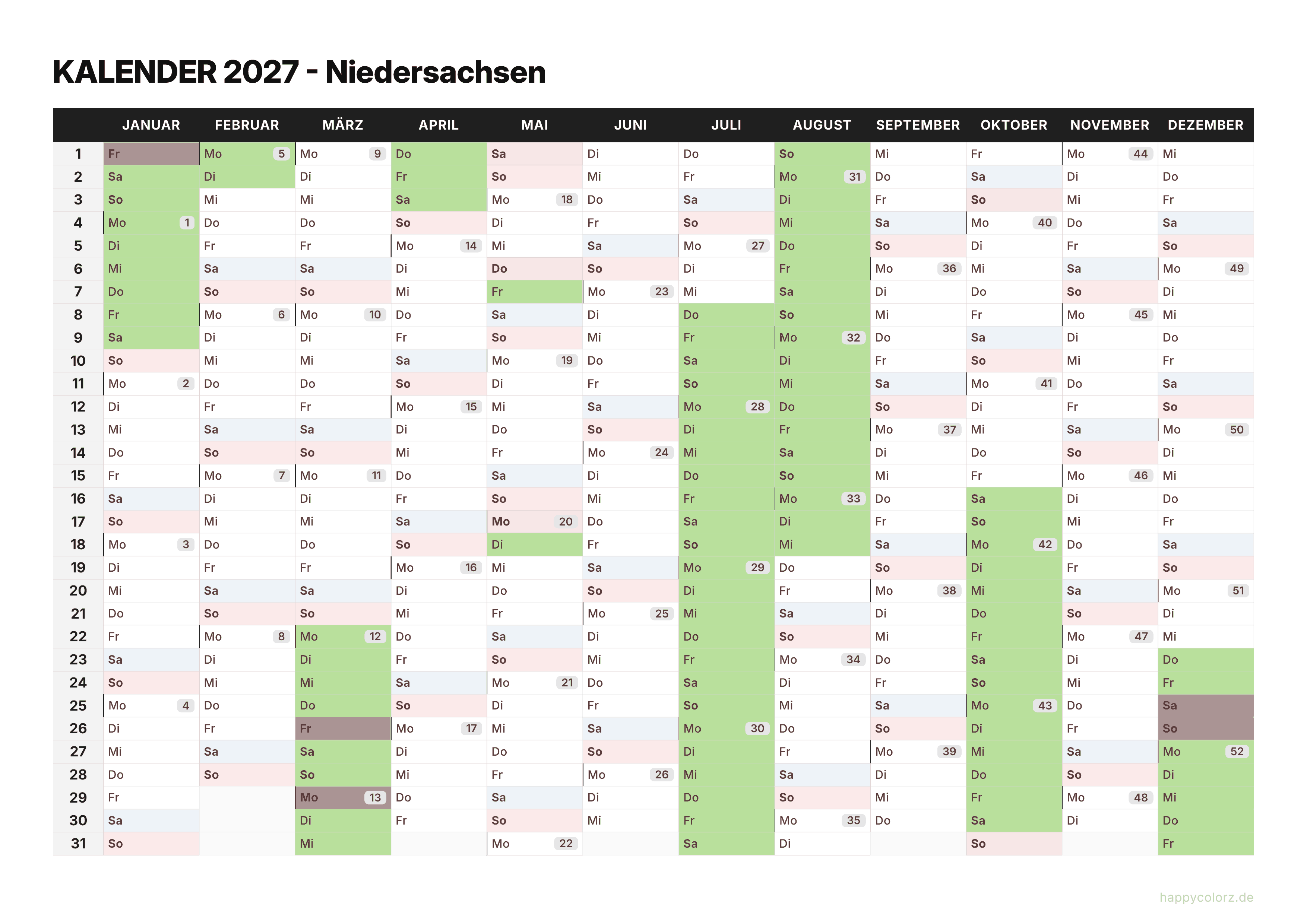 Kalender 2027 Niedersachsen zum Ausdrucken