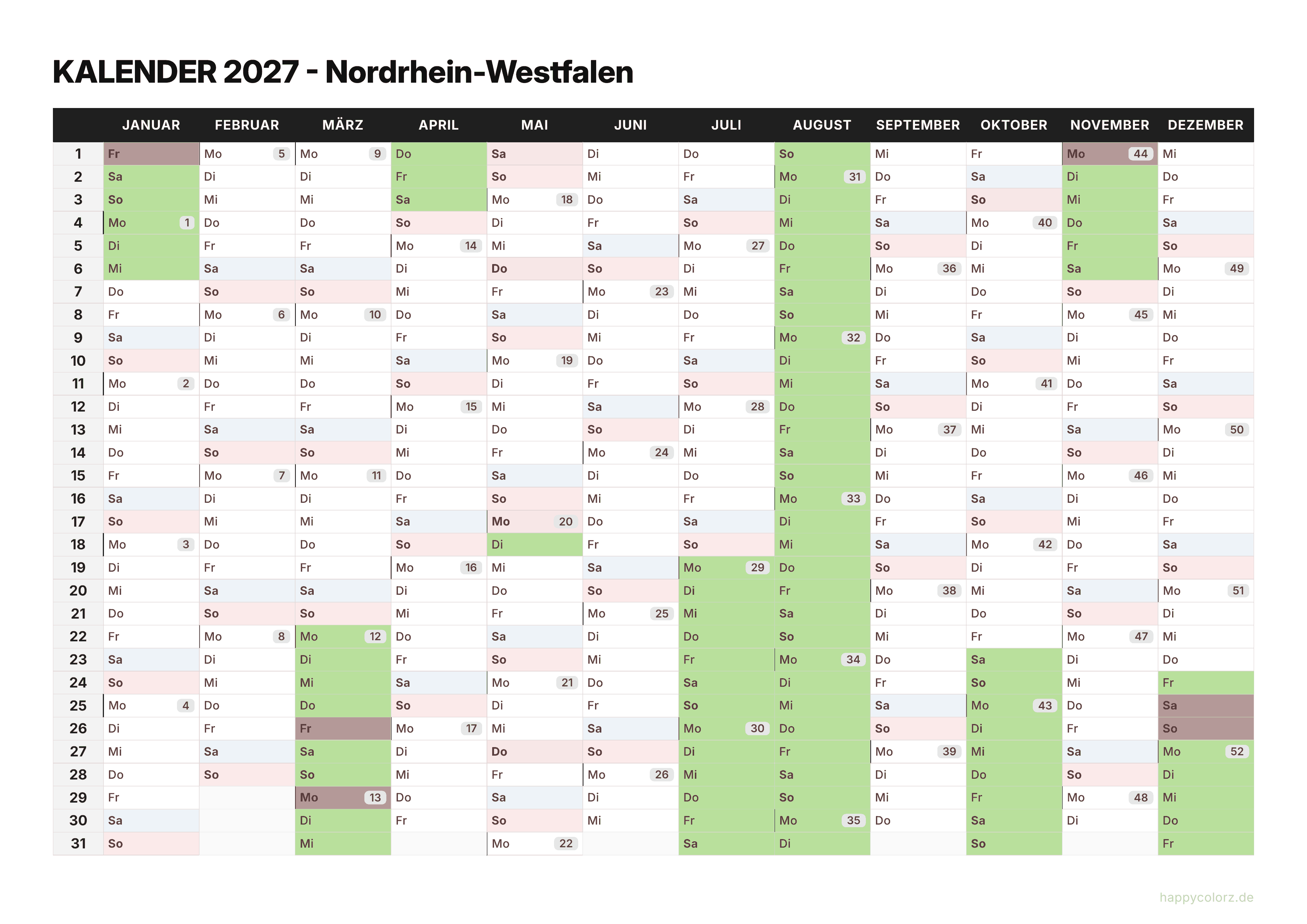 Kalender 2027 Nordrhein-Westfalen zum Ausdrucken