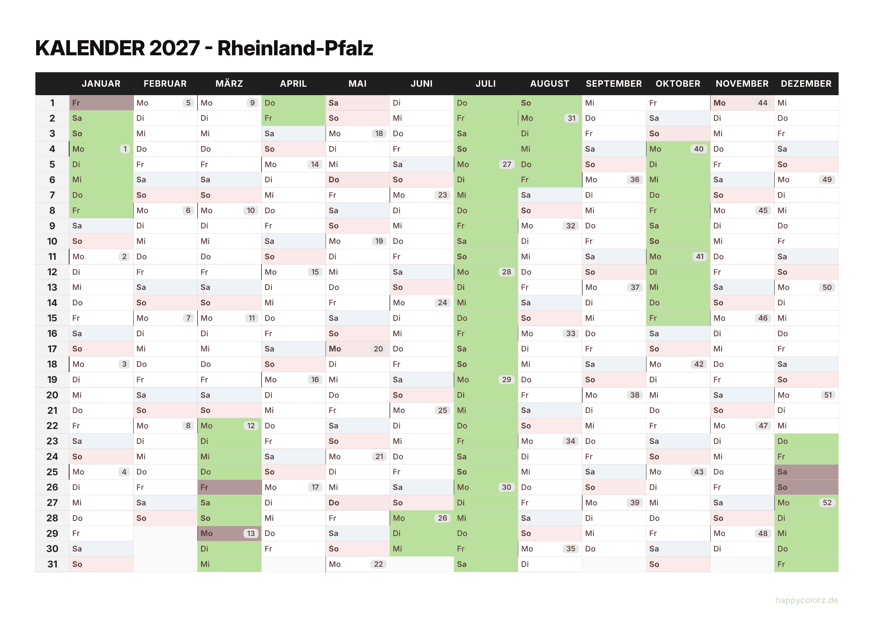 Kalender 2027 Rheinland-Pfalz zum Ausdrucken