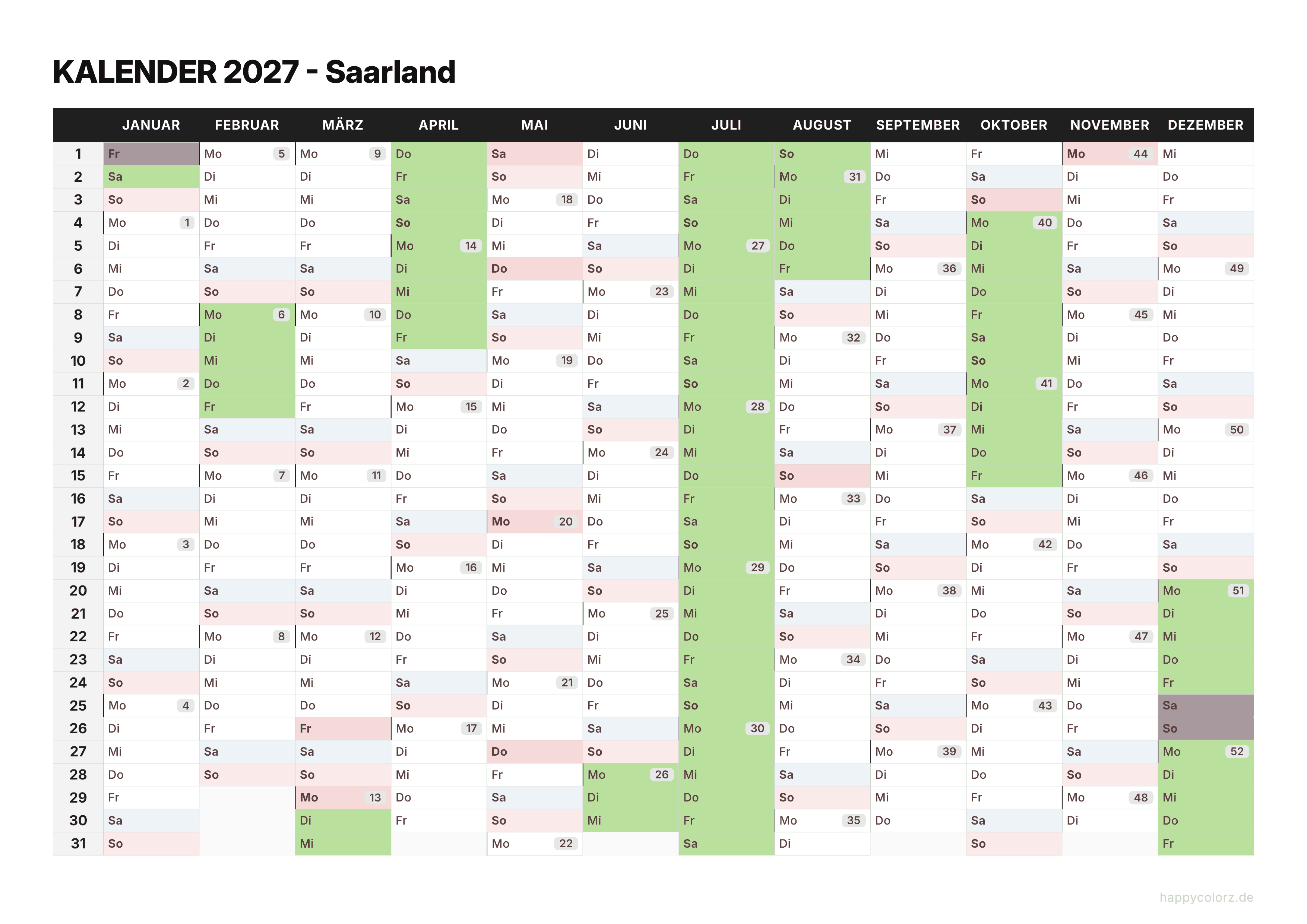 Kalender 2027 Saarland zum Ausdrucken