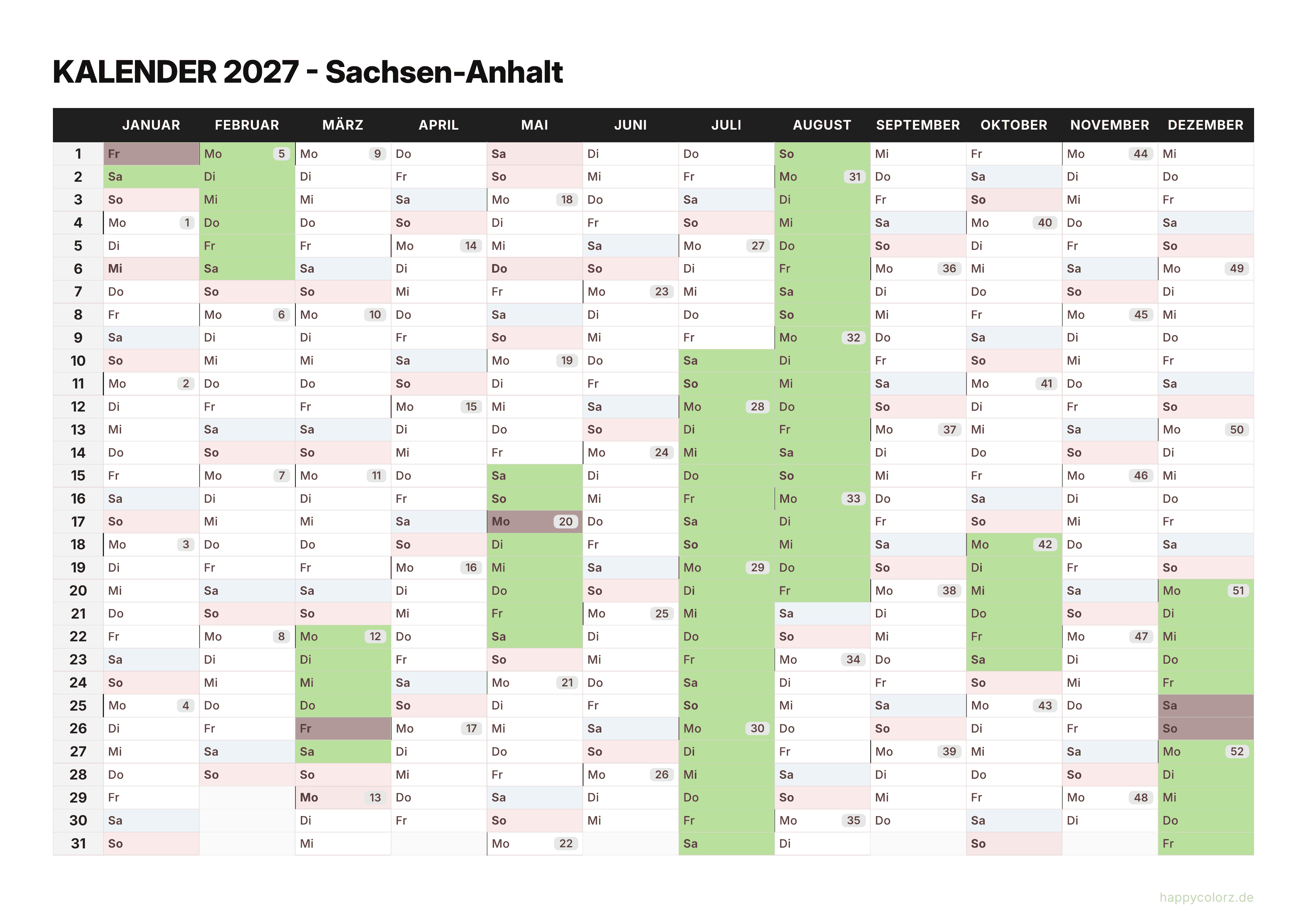 Kalender 2027 Sachsen-Anhalt zum Ausdrucken