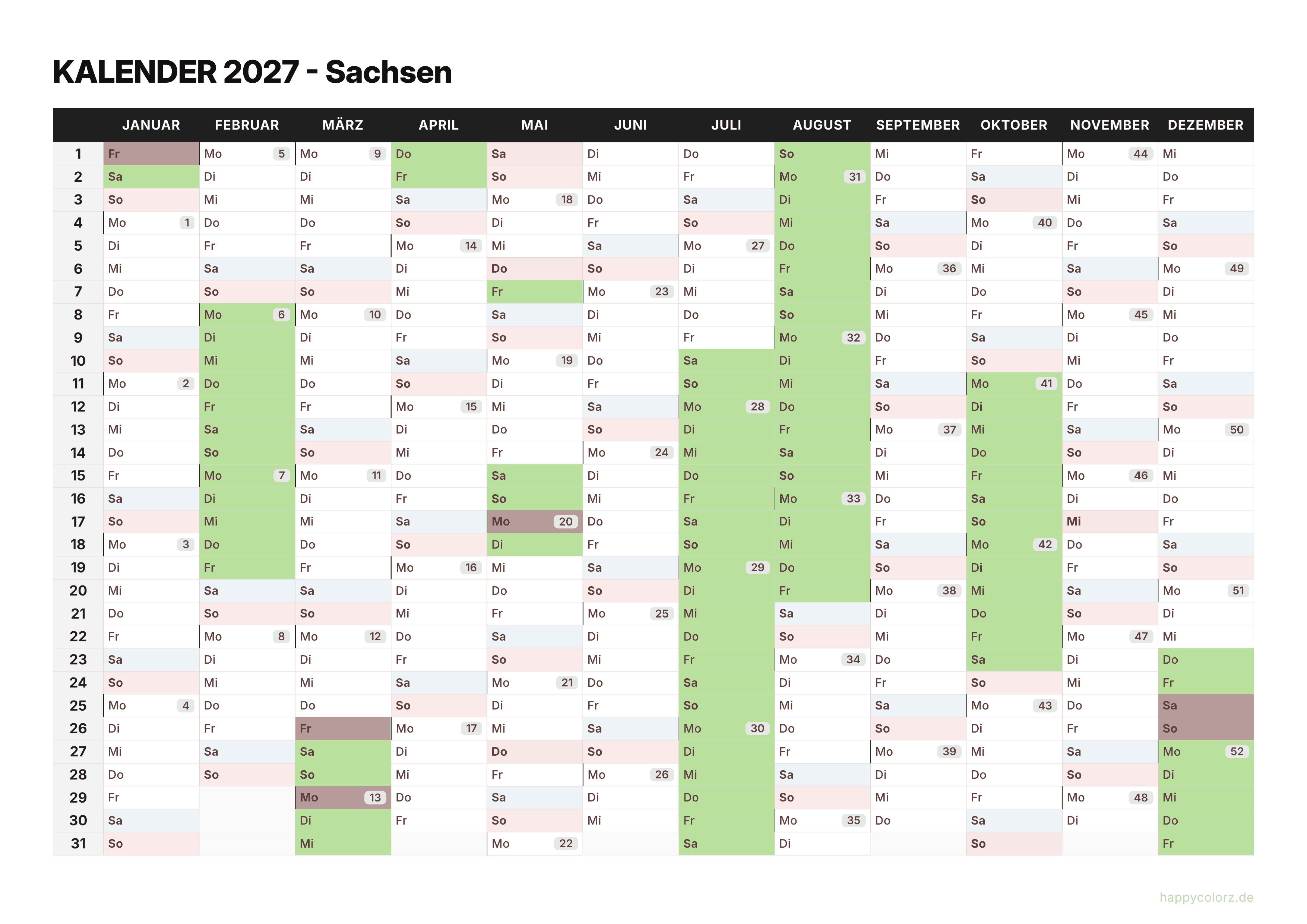 Kalender 2027 Sachsen zum Ausdrucken