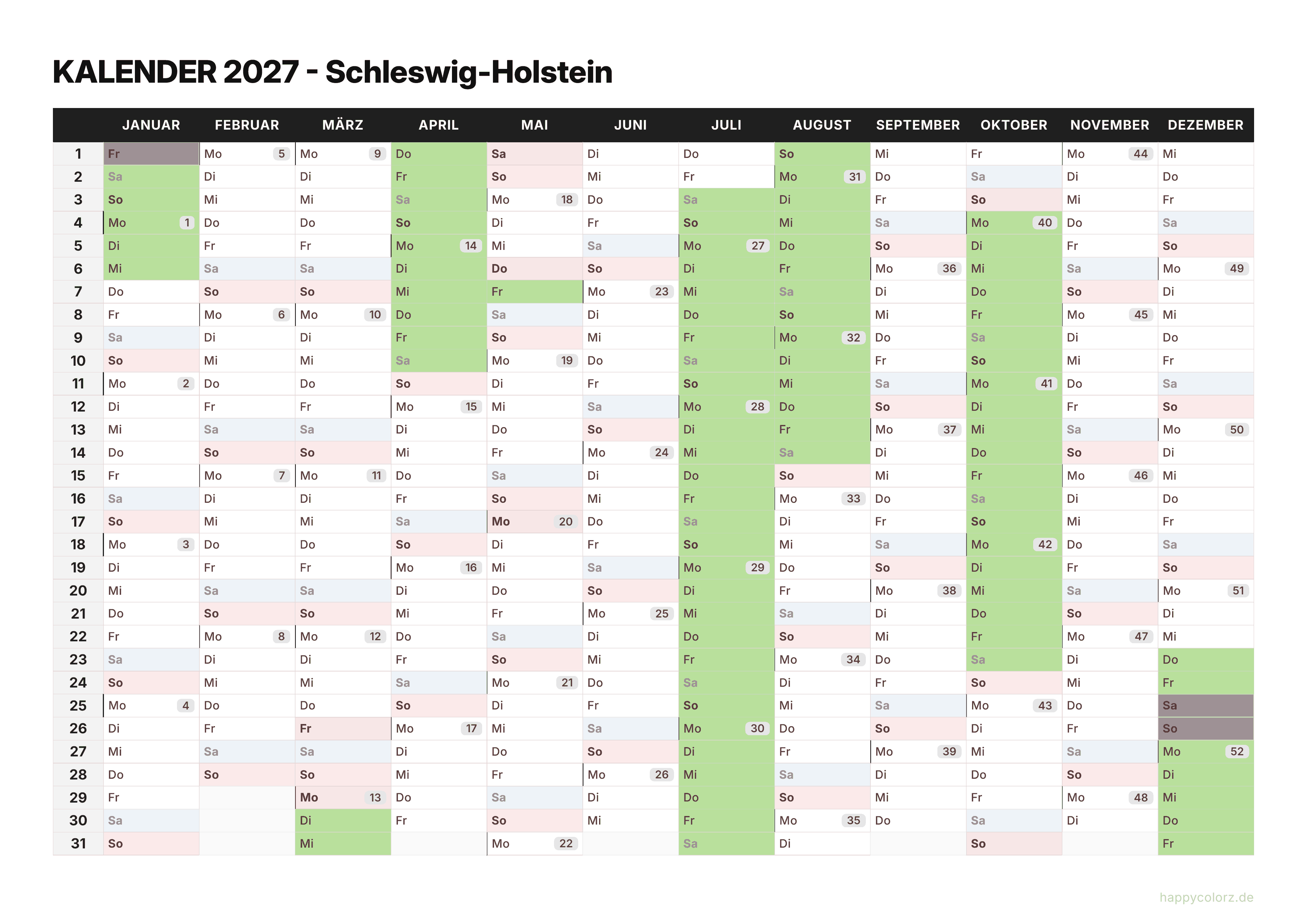 Kalender 2027 Schleswig-Holstein zum Ausdrucken