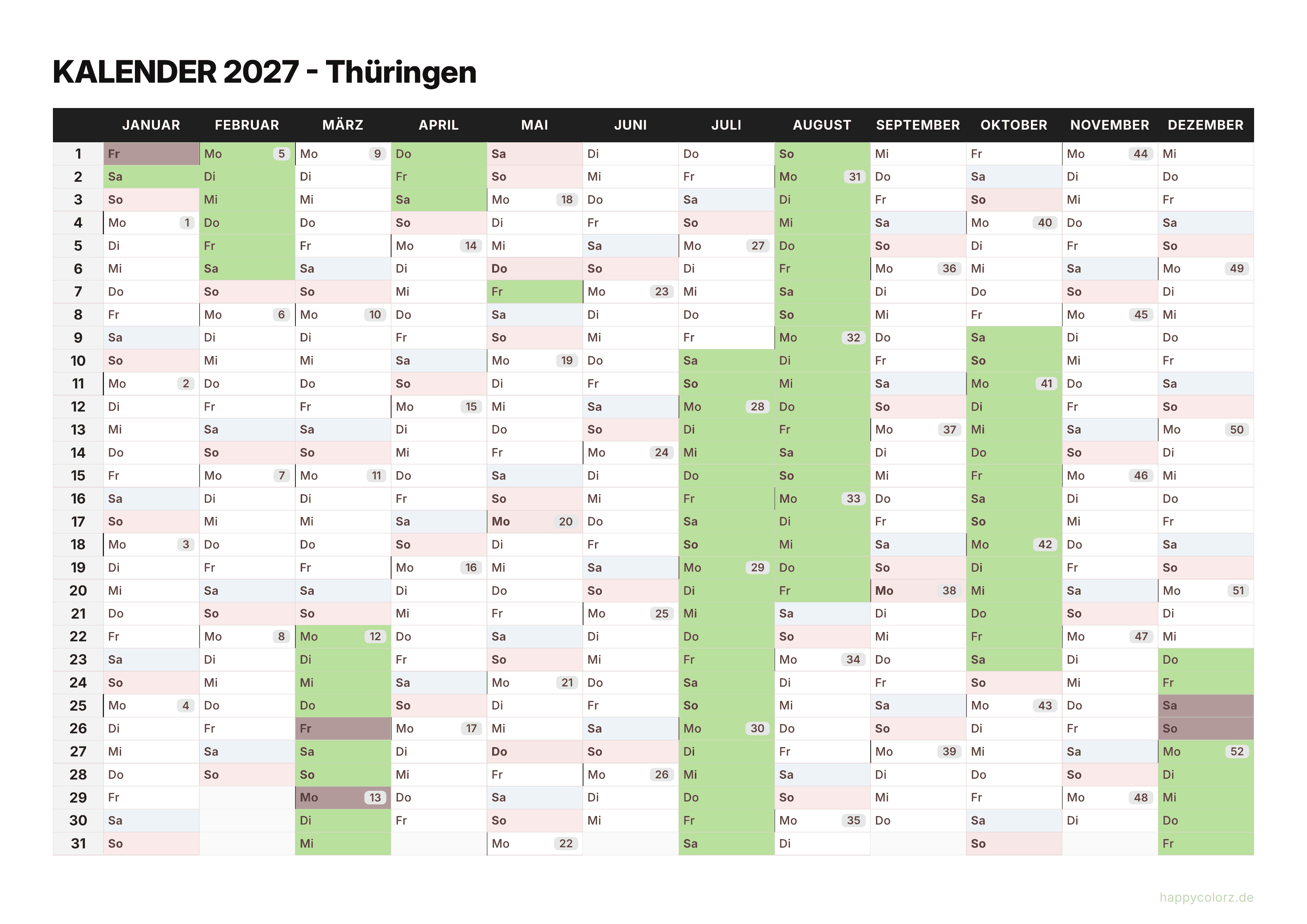 Kalender 2027 Thüringen zum Ausdrucken