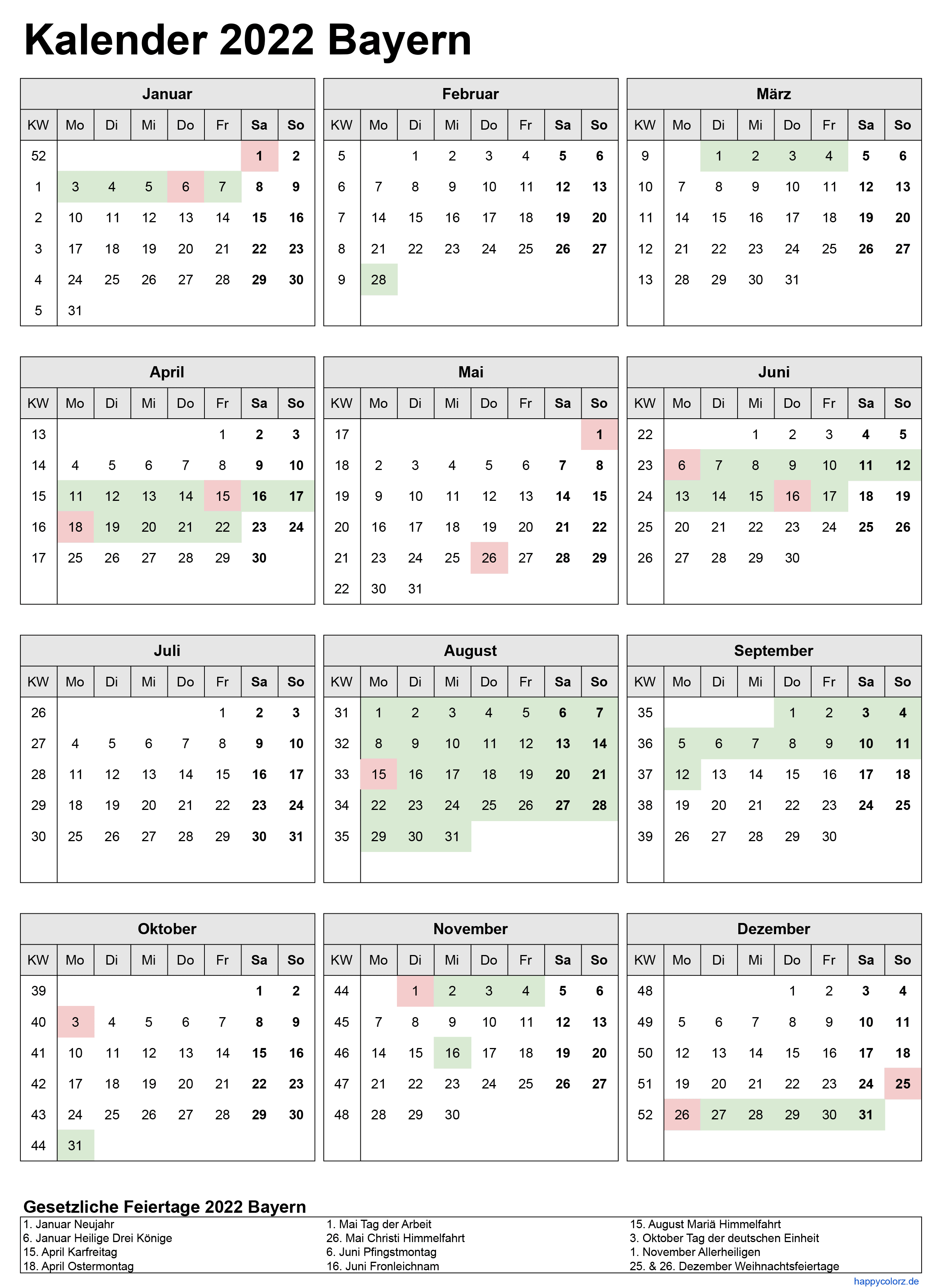 Kalender 2022 Bayern zum Ausdrucken