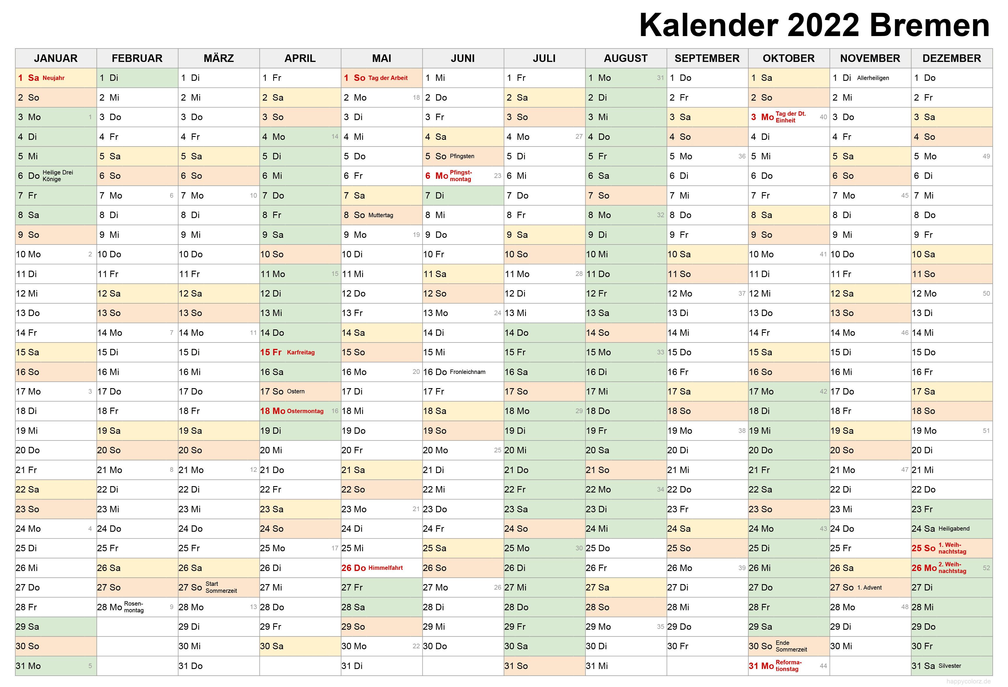 Kalender 2022 Bremen zum Ausdrucken