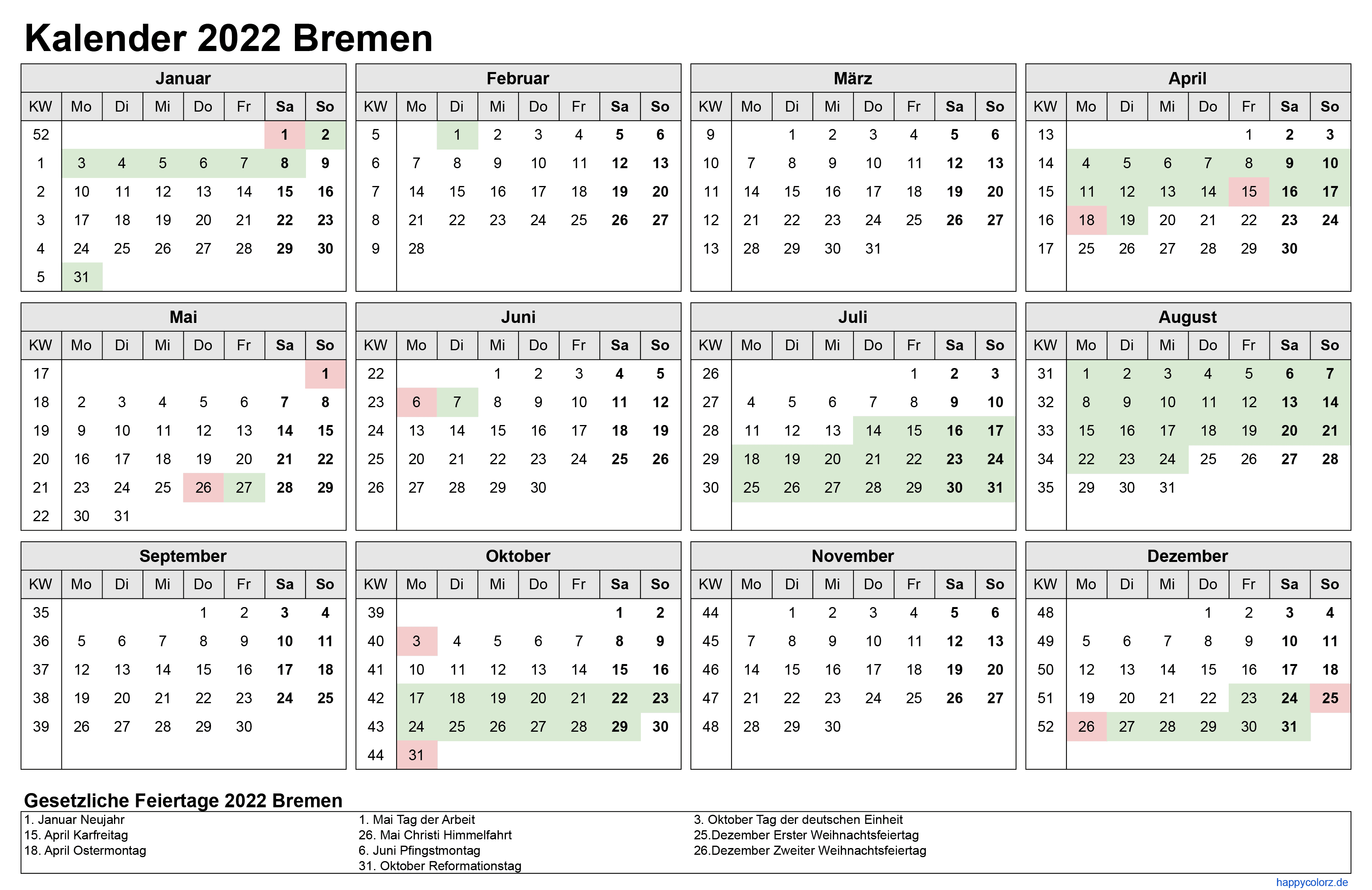 Kalender 2022 Bremen zum Ausdrucken