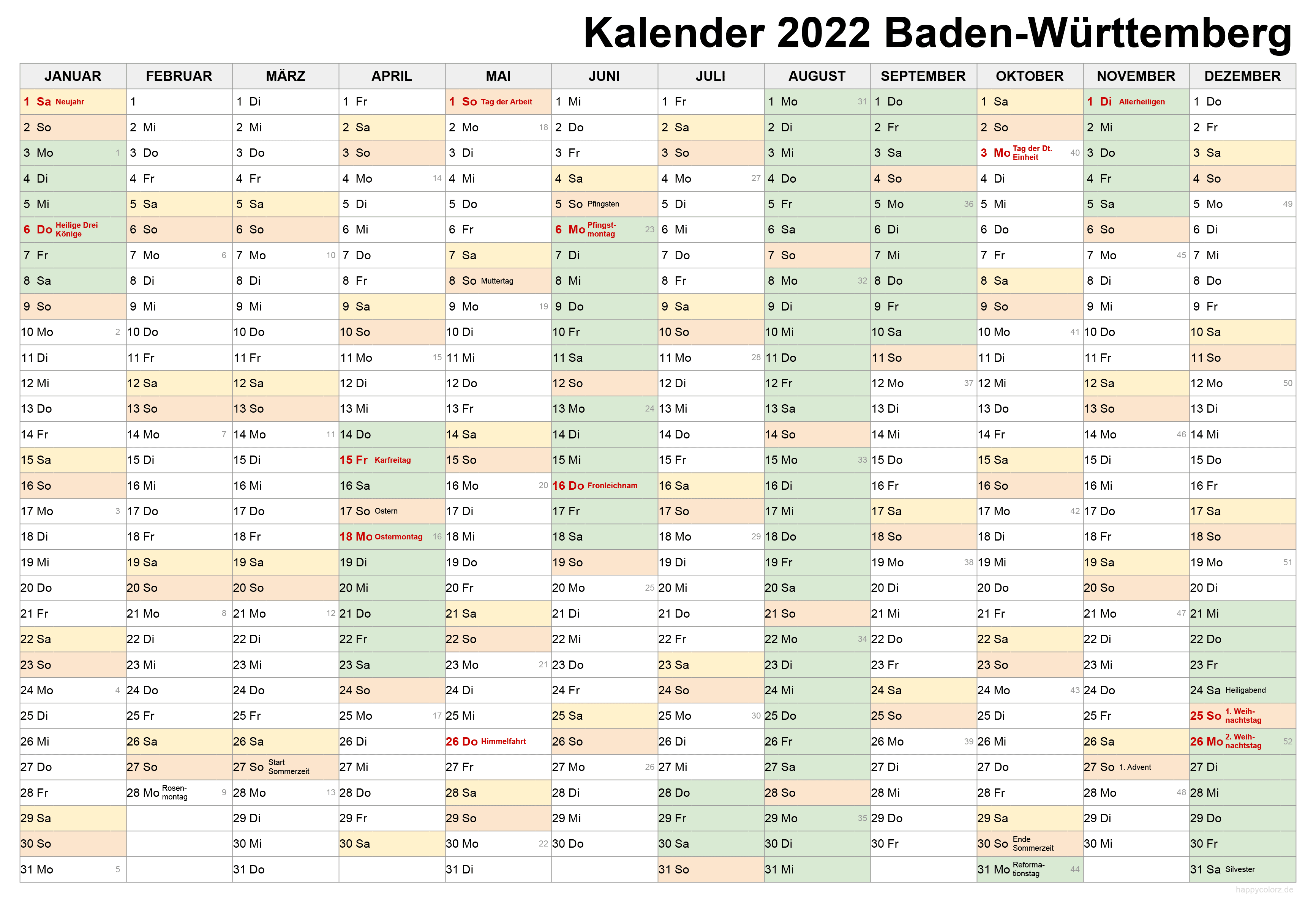 Kalender 2022 Baden-Württemberg zum Ausdrucken