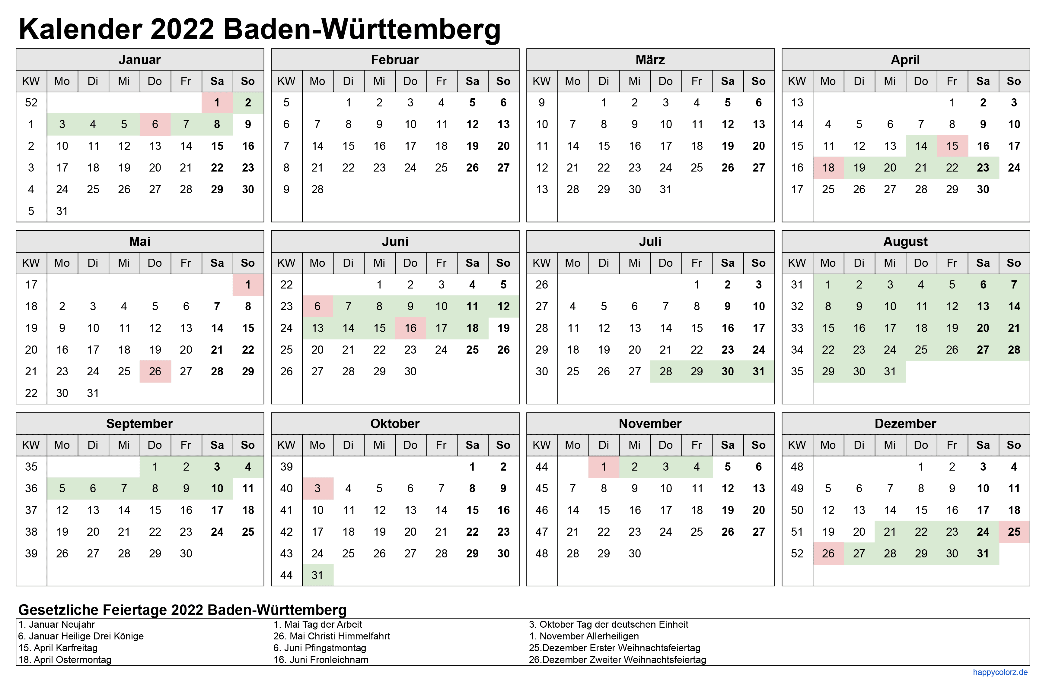 Kalender 2022 Baden-Württemberg zum Ausdrucken
