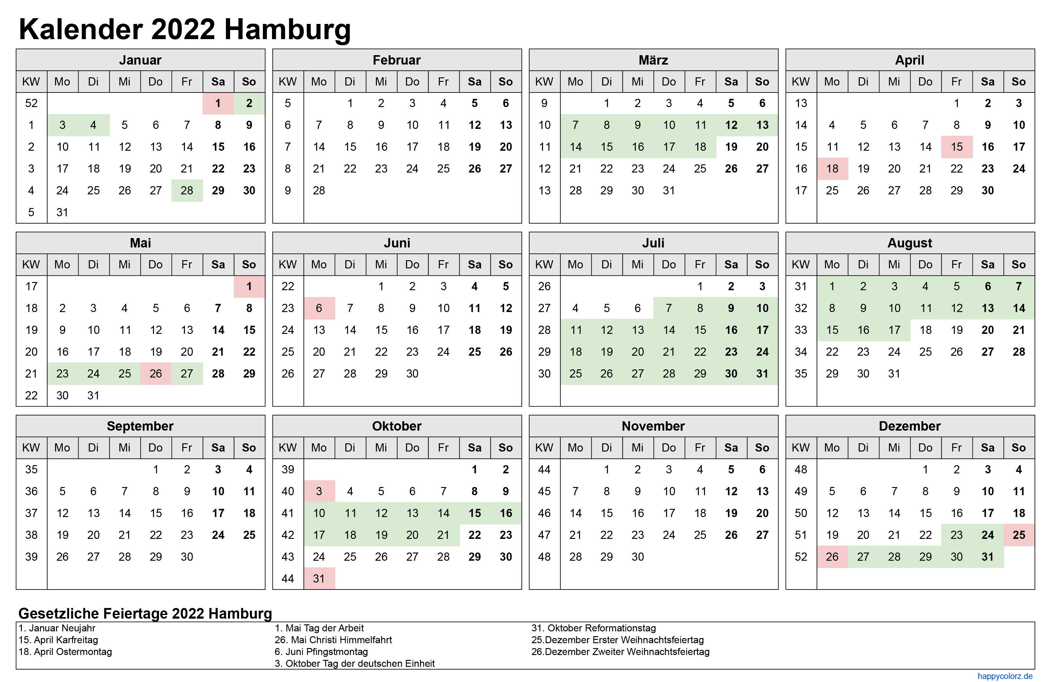 Kalender 2022 Hamburg zum Ausdrucken