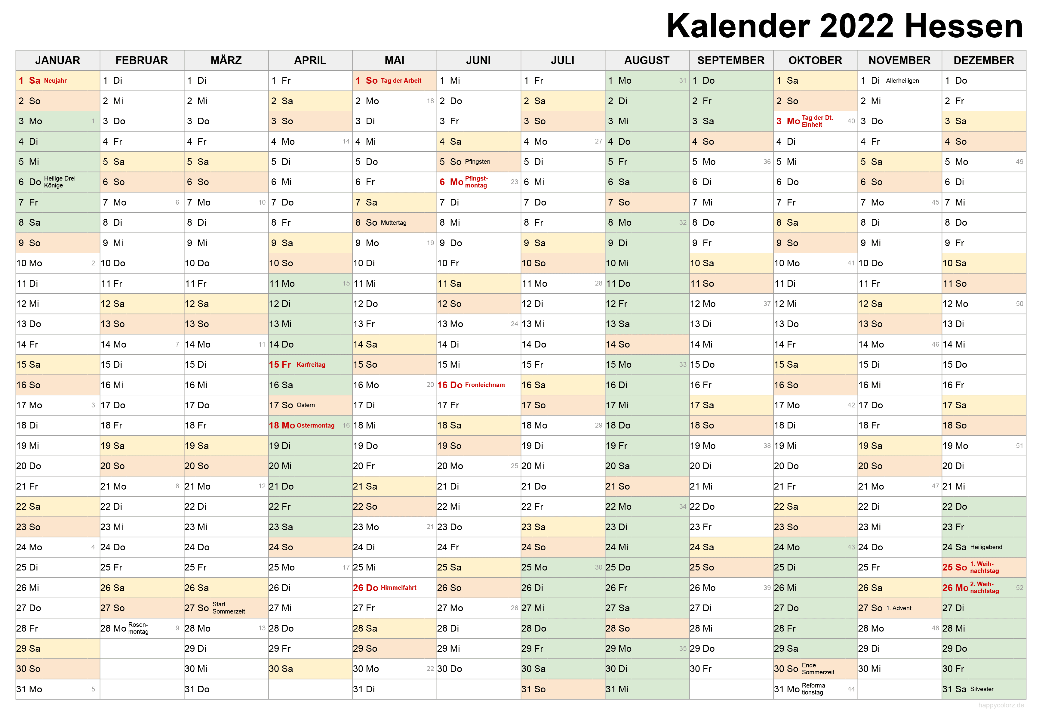 Kalender 2022 Hessen zum Ausdrucken