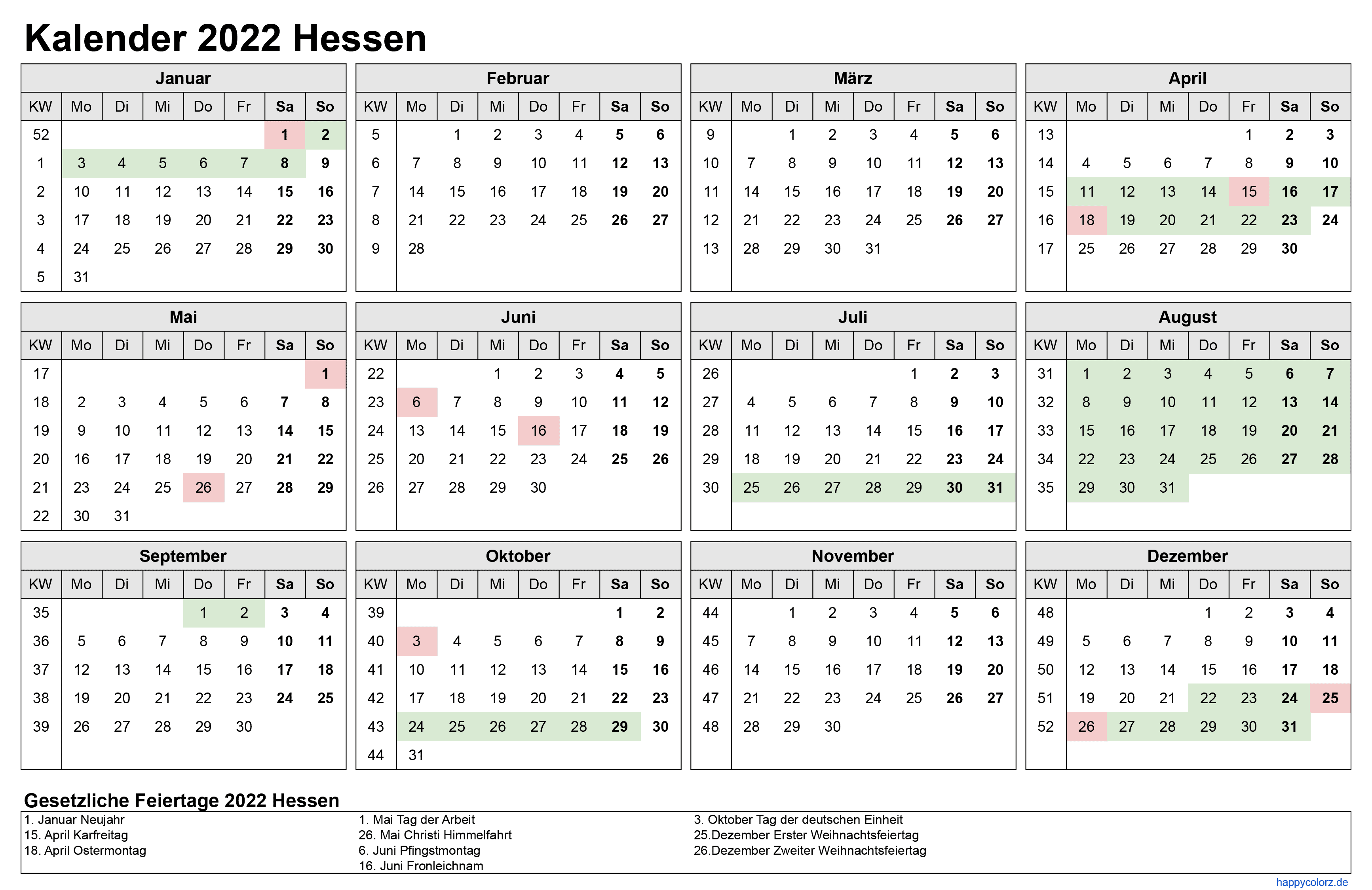 Kalender 2022 Hessen zum Ausdrucken