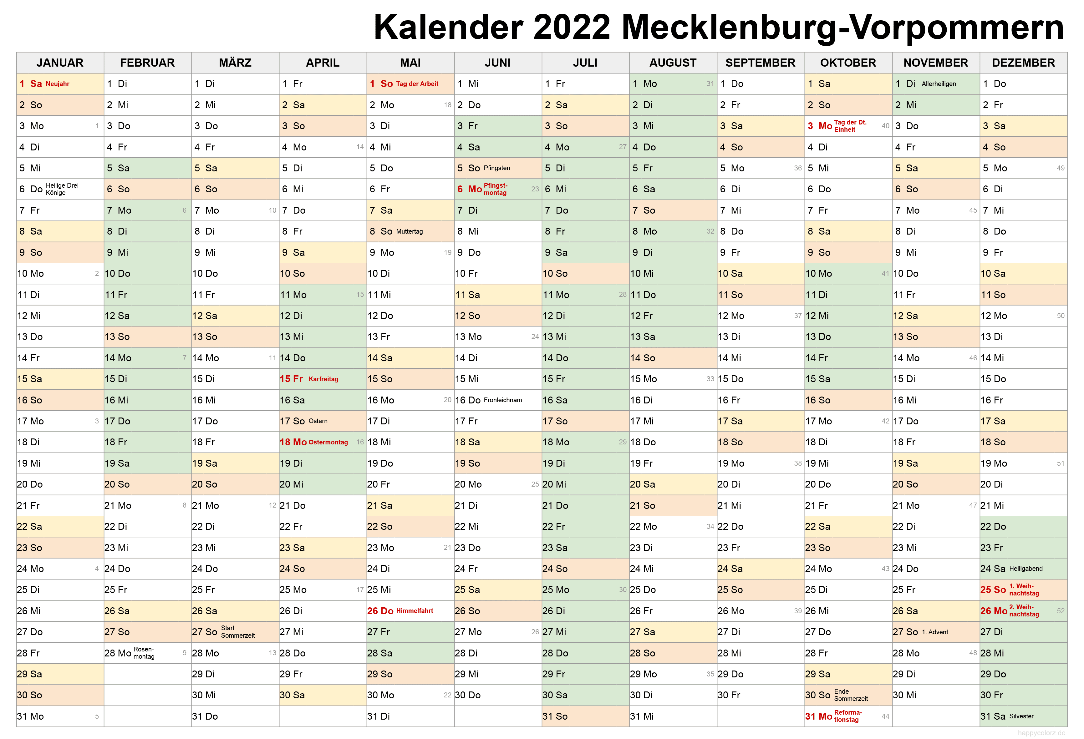 Kalender 2022 Mecklenburg-Vorpommern zum Ausdrucken