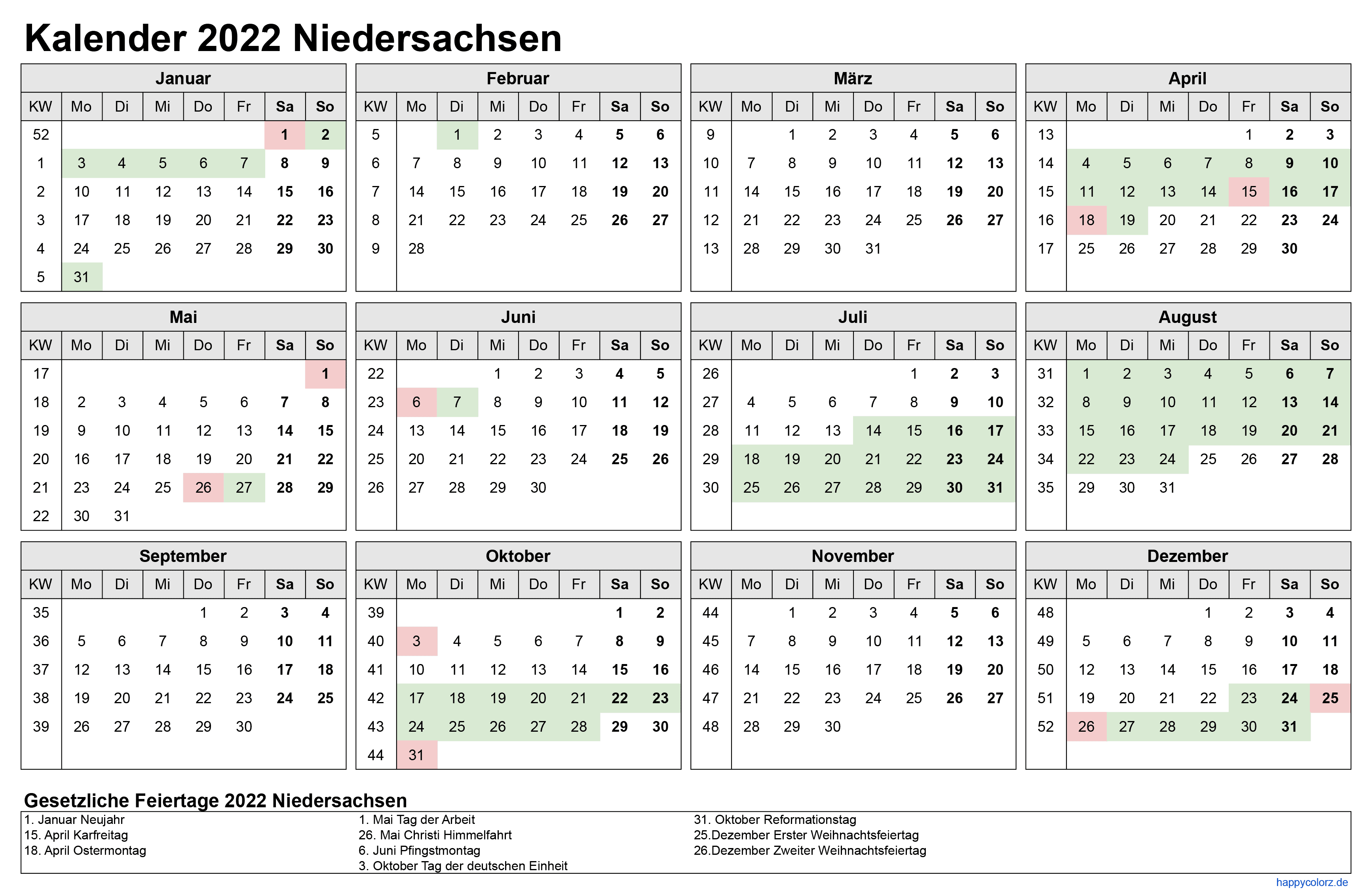 Kalender 2022 Niedersachsen zum Ausdrucken