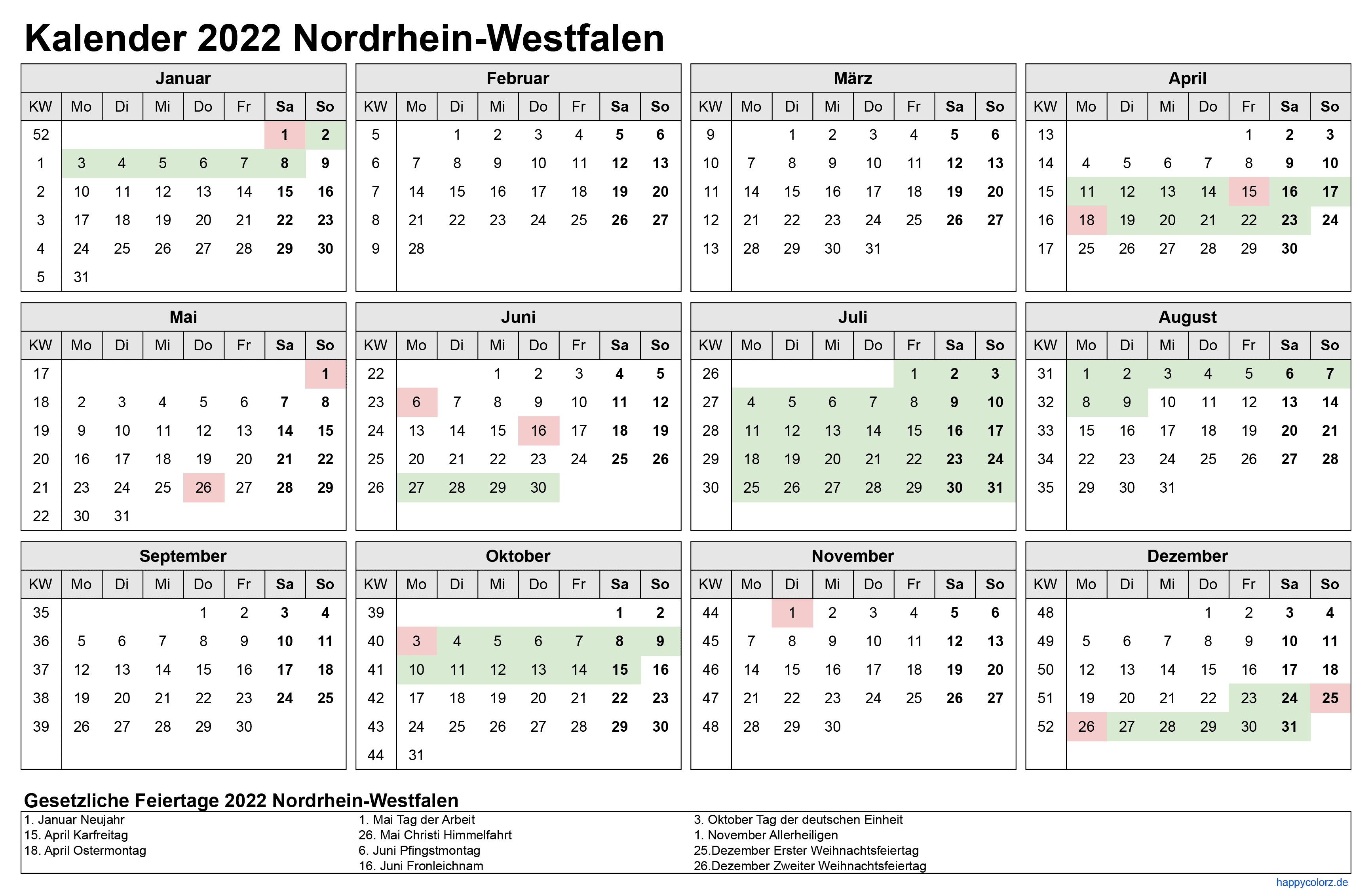 Kalender 2022 NRW zum Ausdrucken